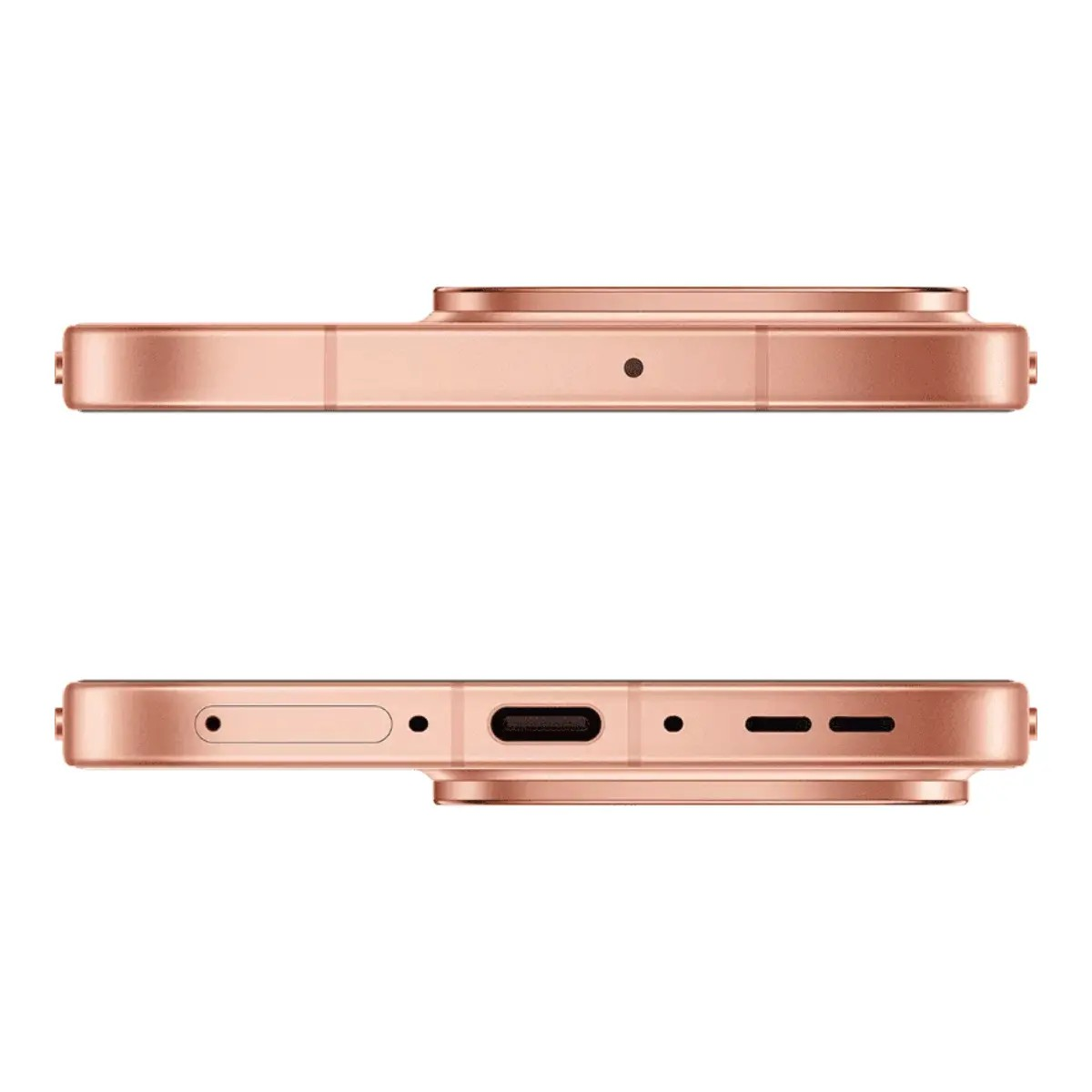 Smartphone oro rosa, viste superiore e inferiore con porta USB-C, microfono e carrellino SIM.