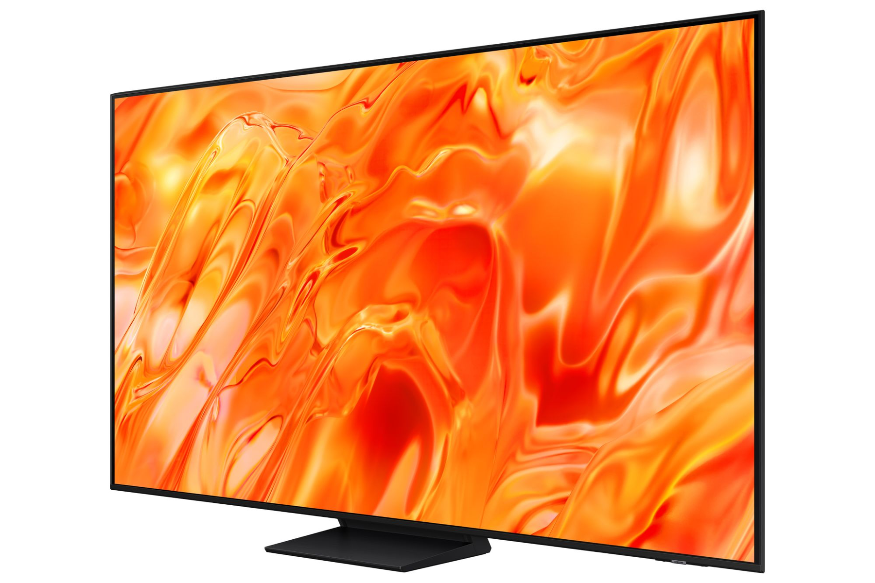 Un'elegante TV a schermo piatto su un supporto mostra un'immagine astratta e fluida in arancione vibrante.