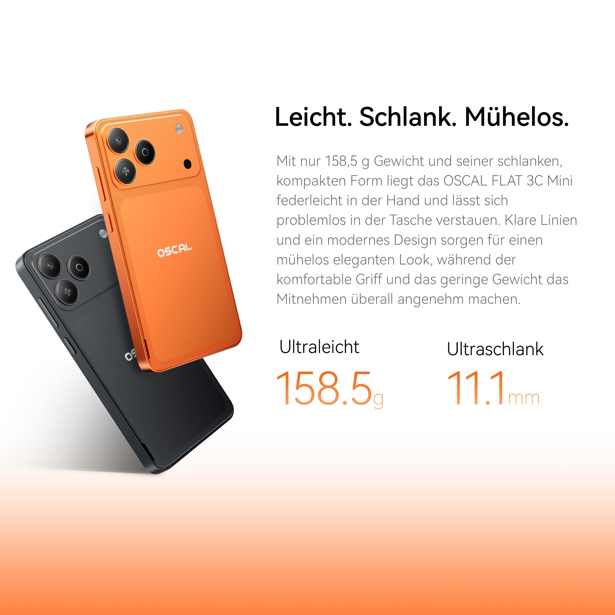 Zwei Oscal Smartphones in Orange und Schwarz mit Text und Gewichtsangabe vor hellem Hintergrund.