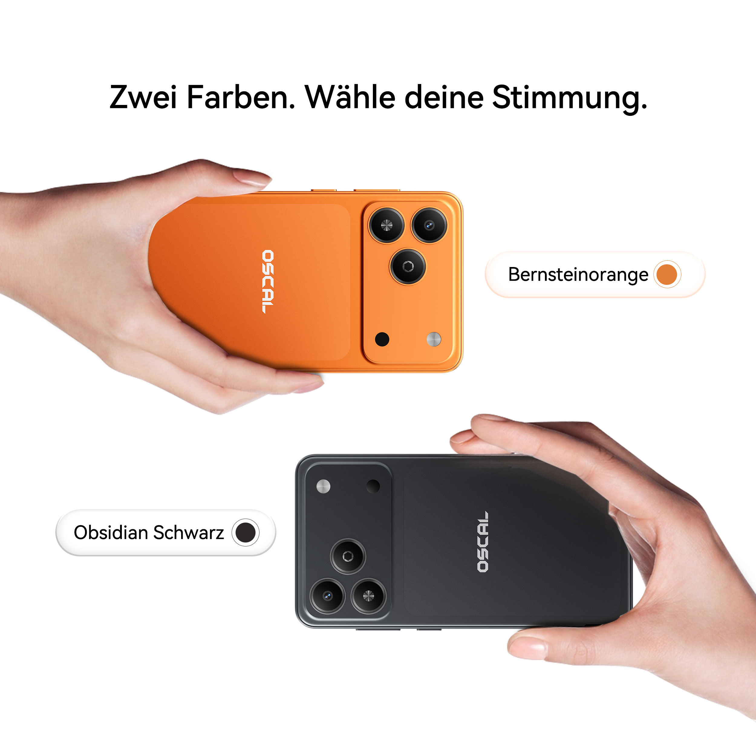 Zwei Hände halten zwei Oscal-Smartphones, eins in Bernsteinorange und eins in Obsidian Schwarz.
