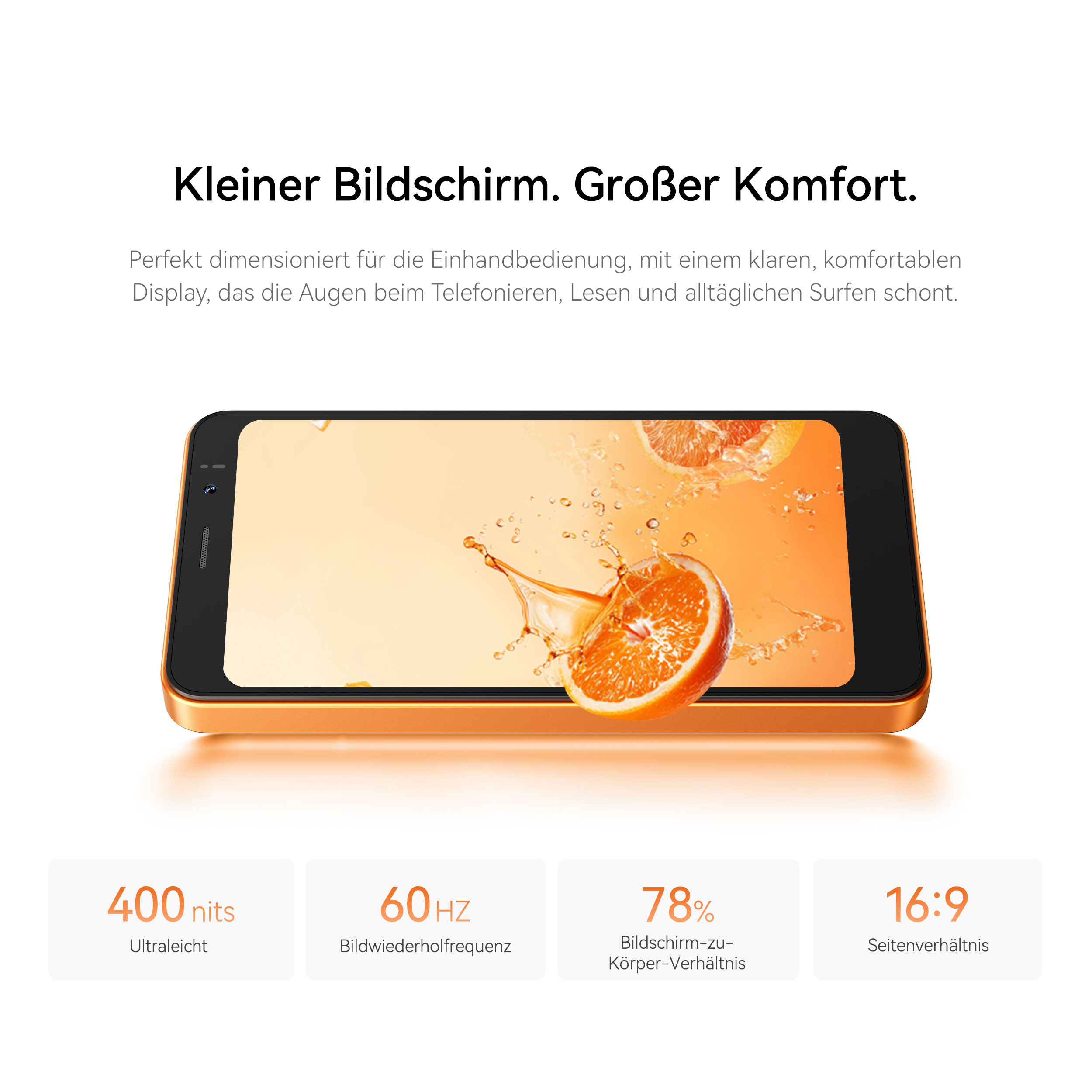 Orangeres Smartphone mit Werbetext oben und vier Technischen Kenndaten unten.