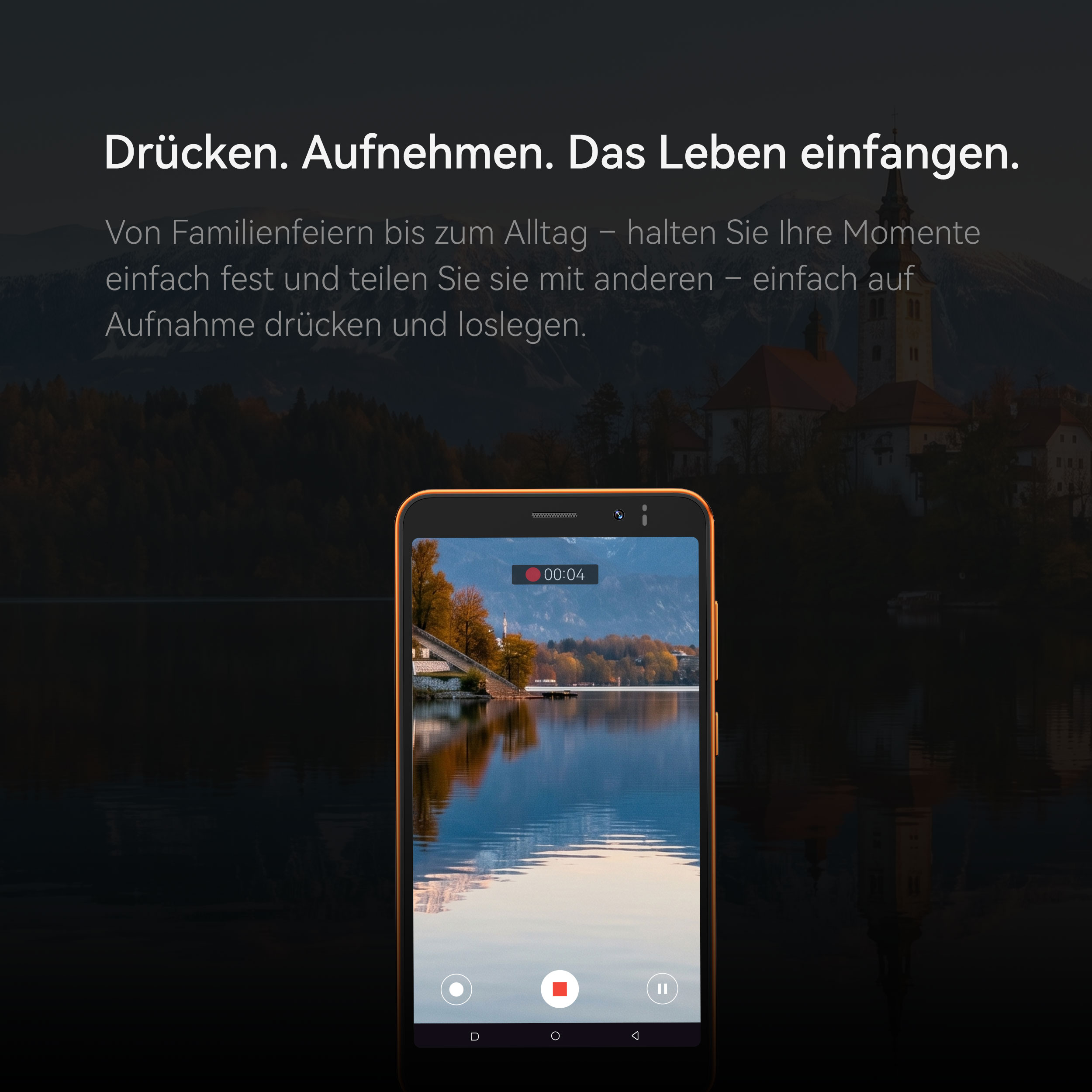 Smartphone zeigt eine Videoaufnahme eines Sees vor einer Berglandschaft mit Text darüber.