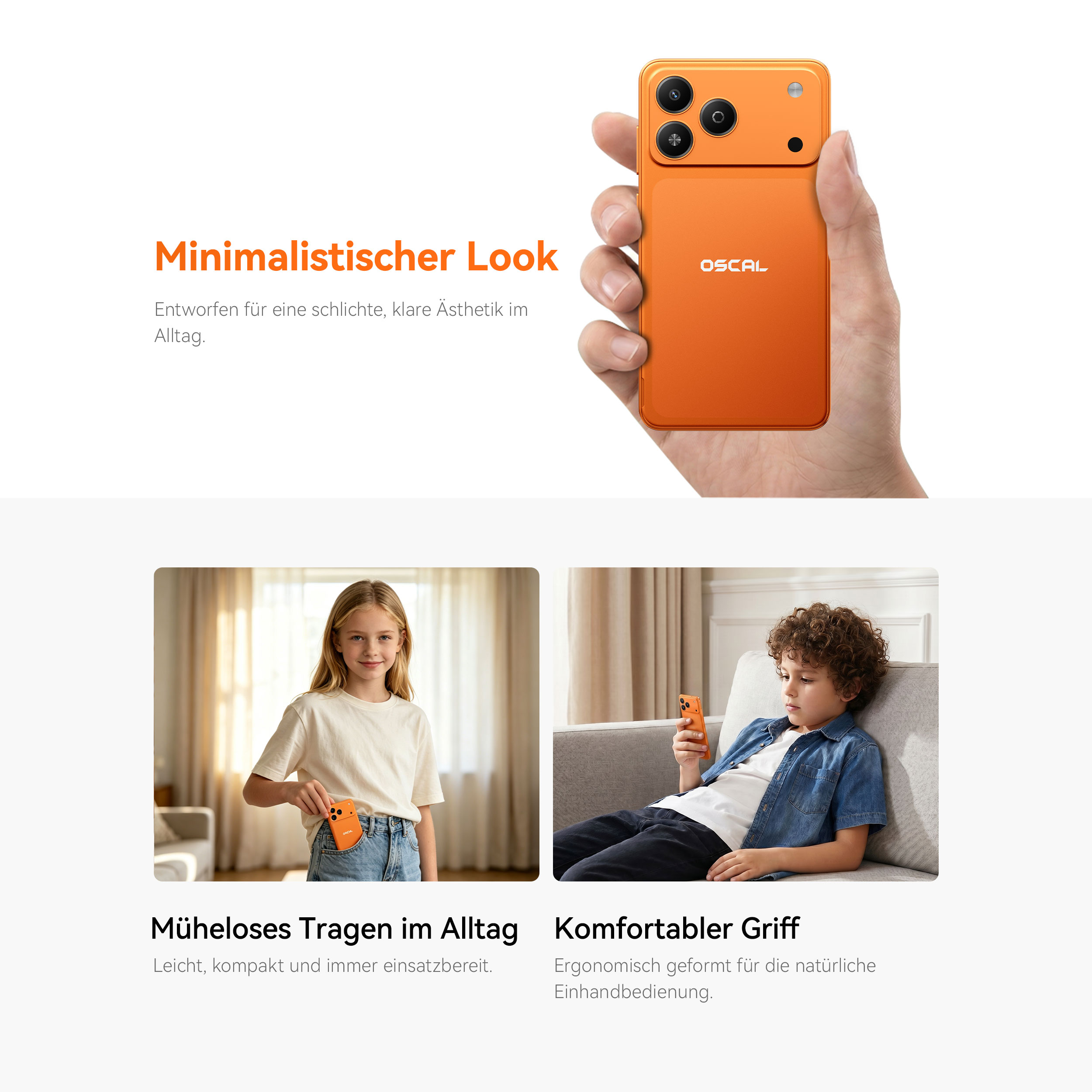 Hand hält ein oranges Smartphone, darunter ein Mädchen mit Handy in der Tasche und ein Junge auf dem Sofa.