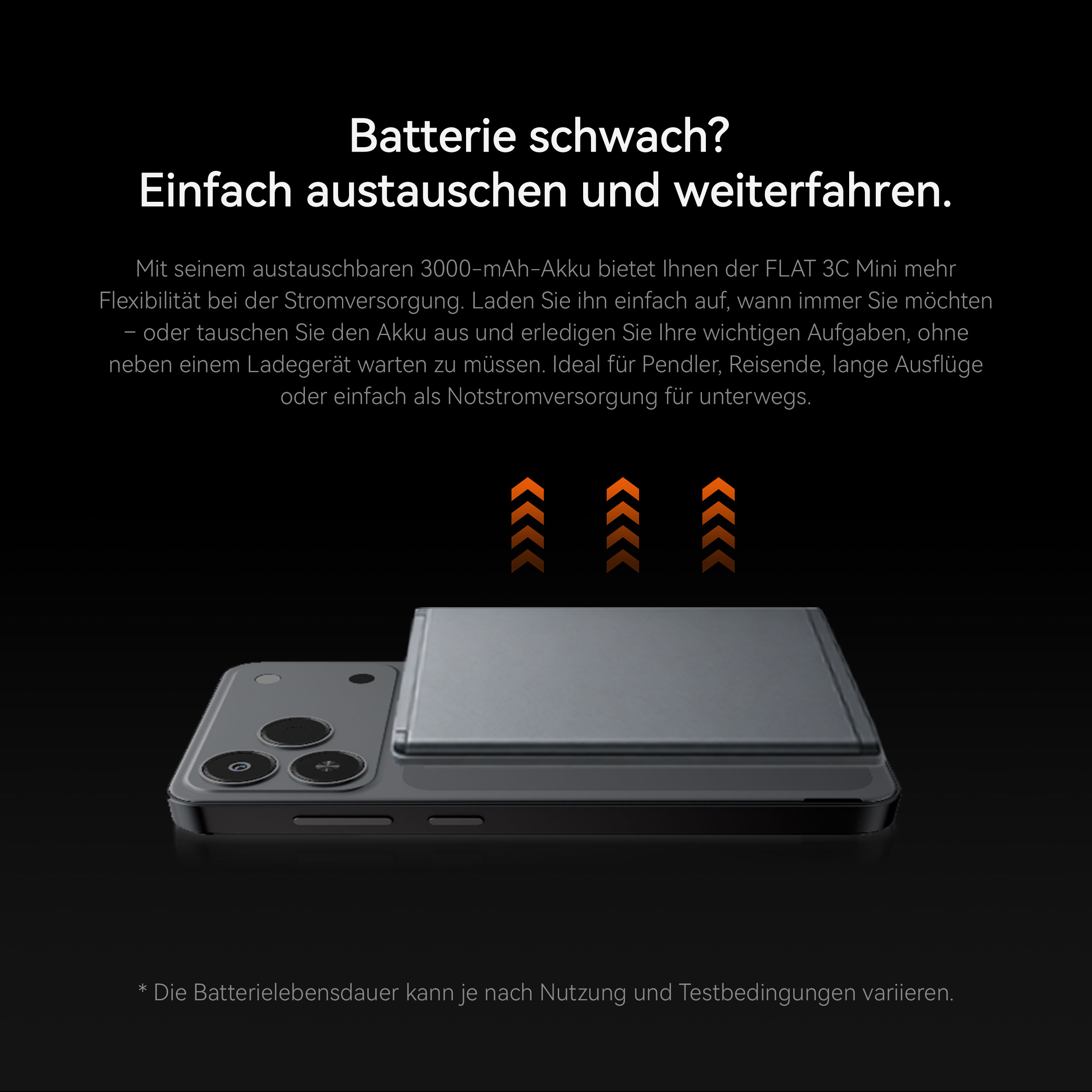Schwarzes Werbebild mit einem Smartphone mit austauschbarem Akku und deutschem Text auf dunklem Hintergrund.