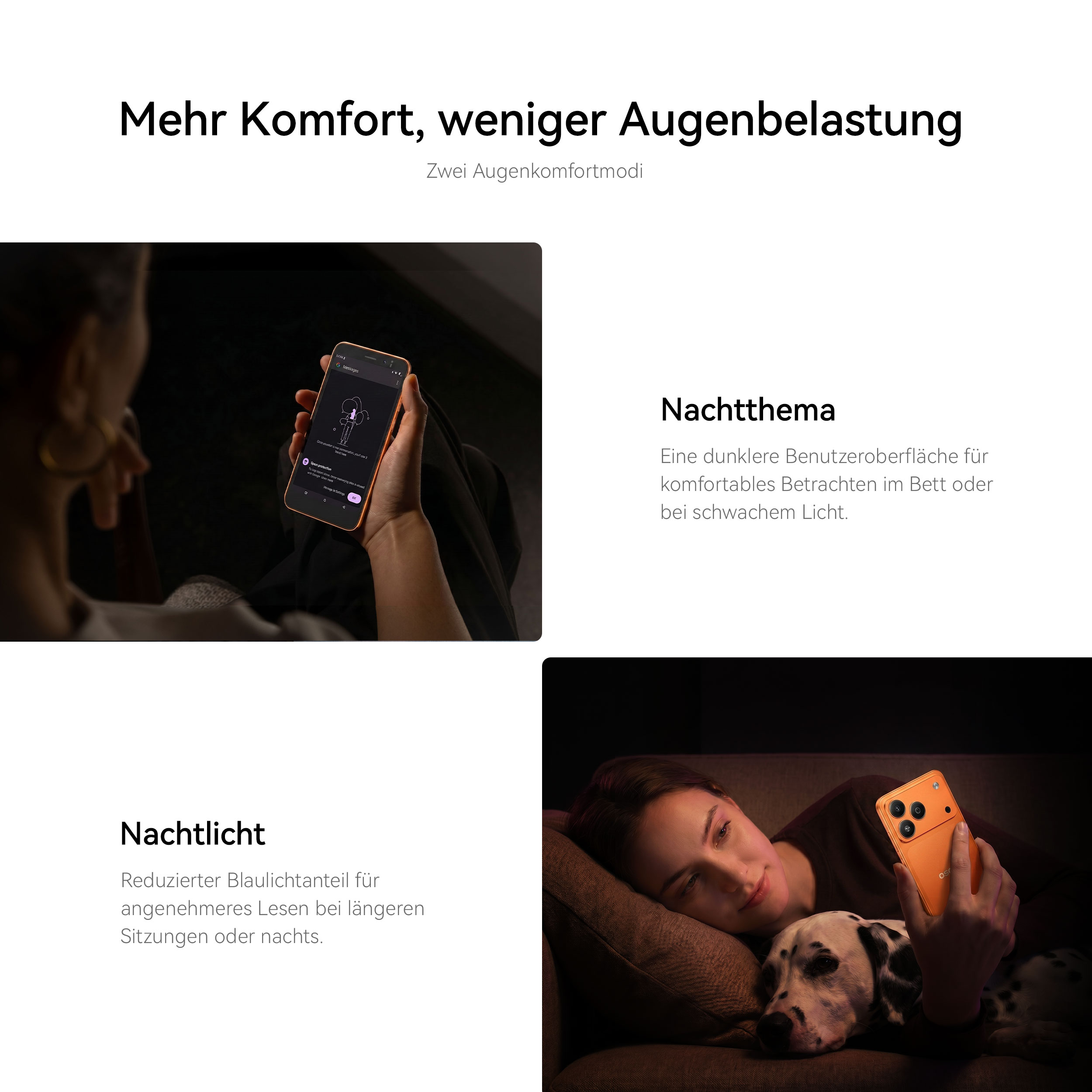 Werbung für Smartphone-Augenkomfortmodi mit Nachtthema und Nachtlicht für entspanntes Sehen bei Dunkelheit.