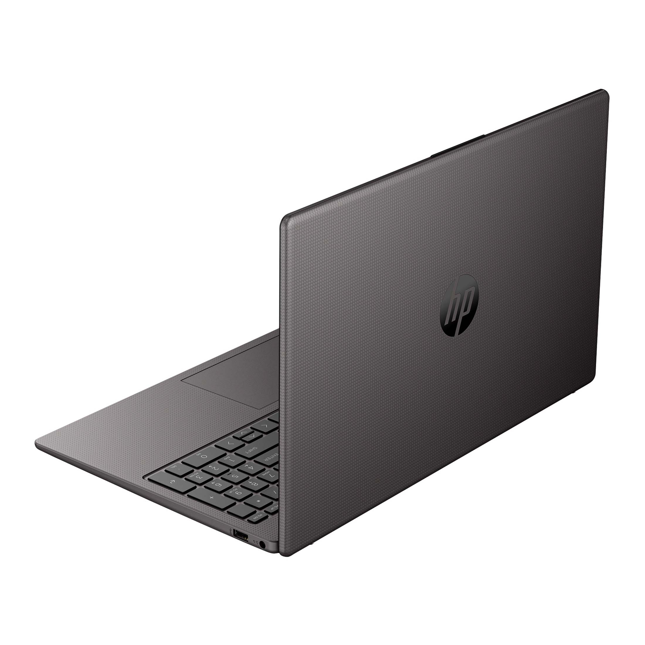 Ein grauer HP-Laptop in leicht geöffneter Ansicht von schräg hinten vor weißem Hintergrund.