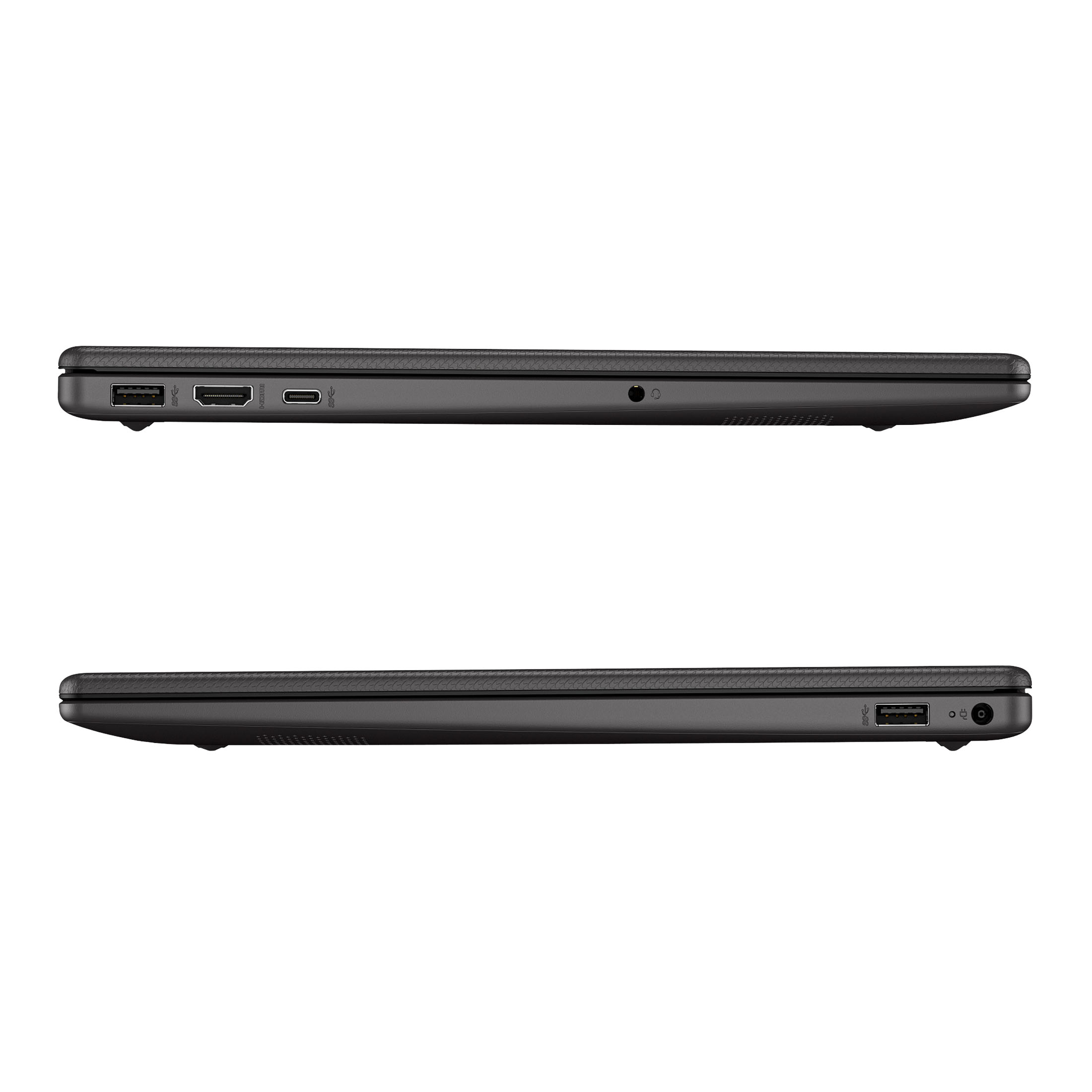 Seitenansichten eines geschlossenen Laptops mit USB-, HDMI- und Audio-Anschlüssen vor weißem Hintergrund.