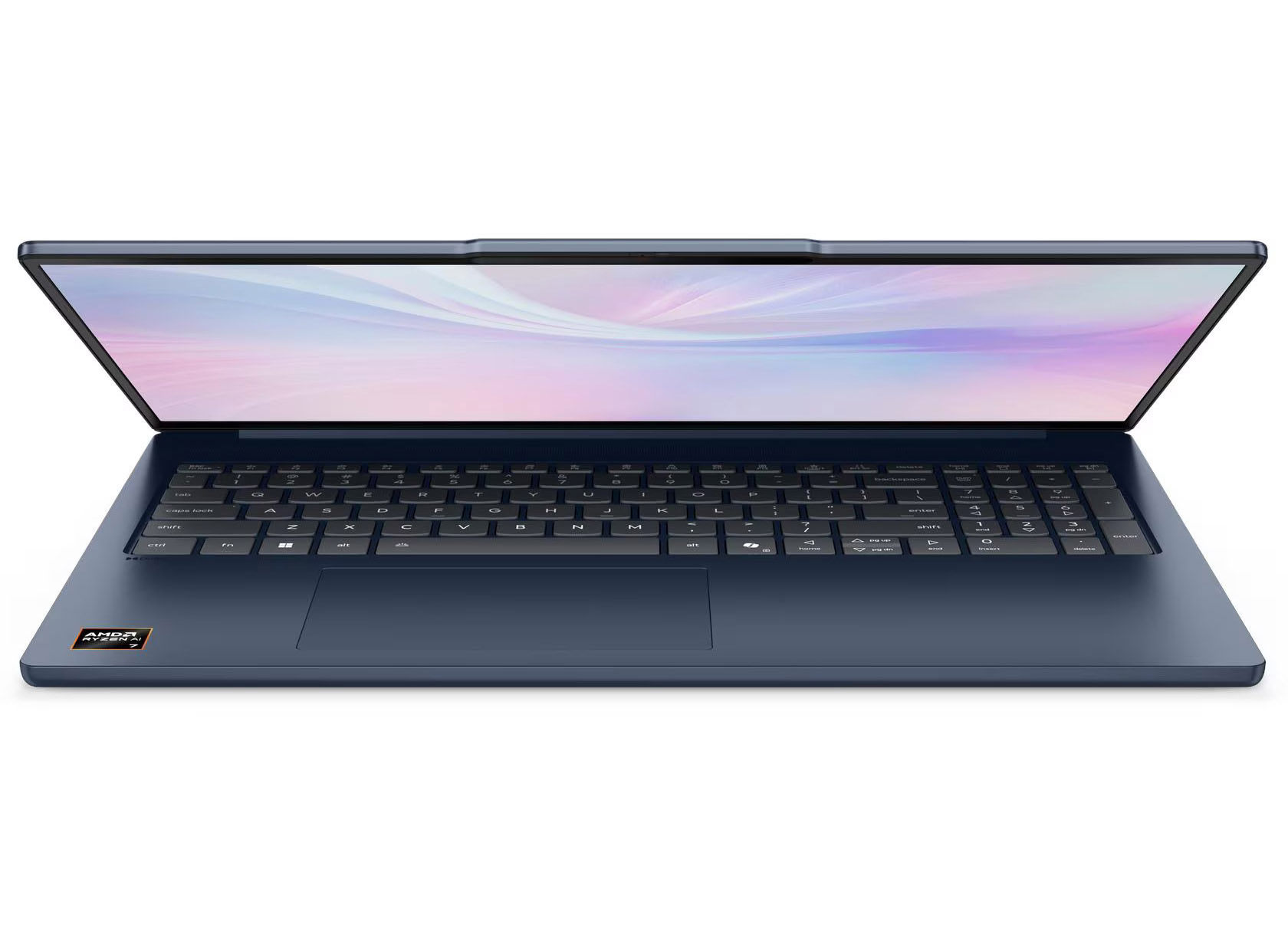 Niebieski laptop z otwartym ekranem i podświetlaną klawiaturą na białym tle.