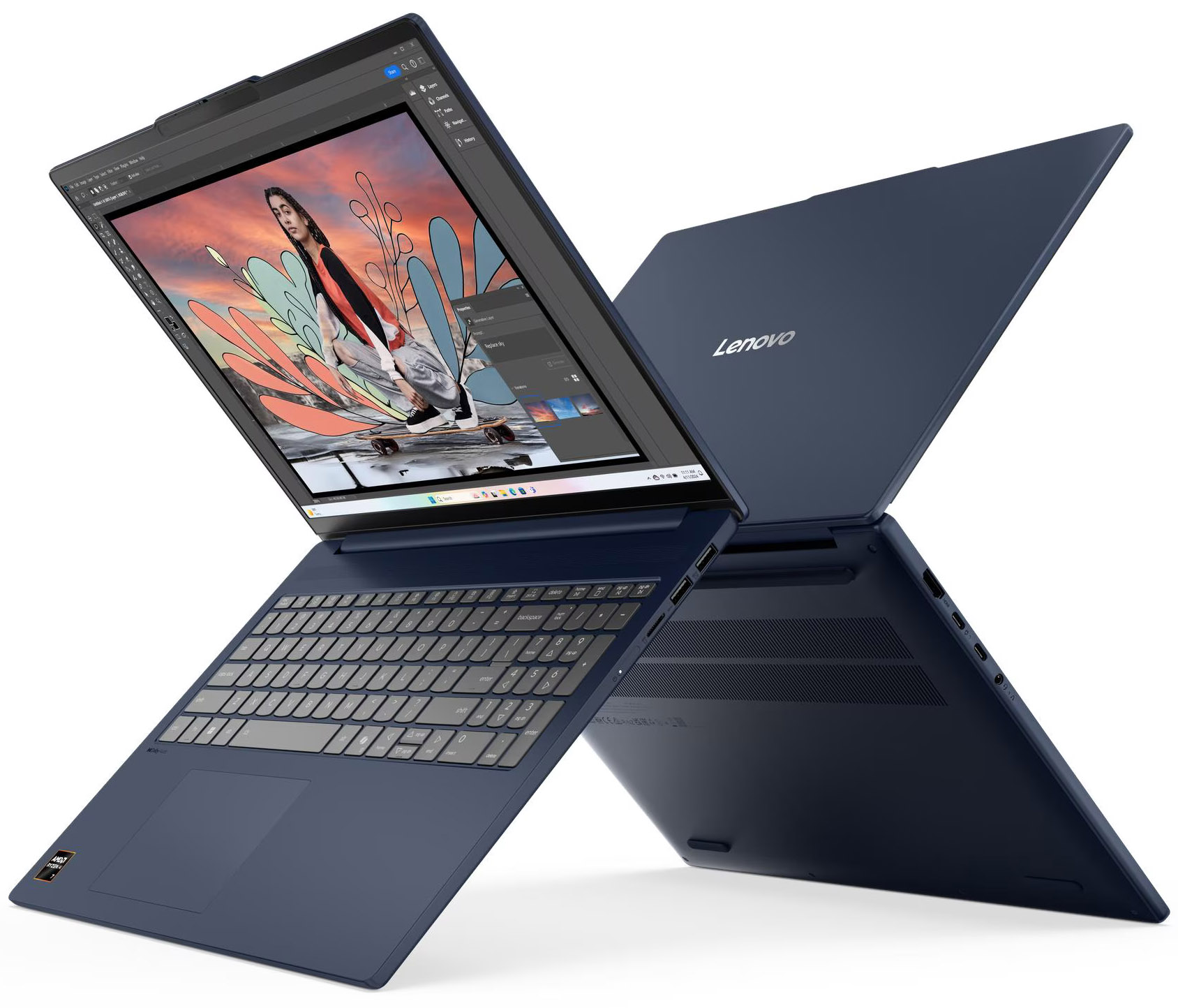 Dwa ciemnoniebieskie laptopy Lenovo, otwarte z przodu i zamknięte z tyłu, z oprogramowaniem.
