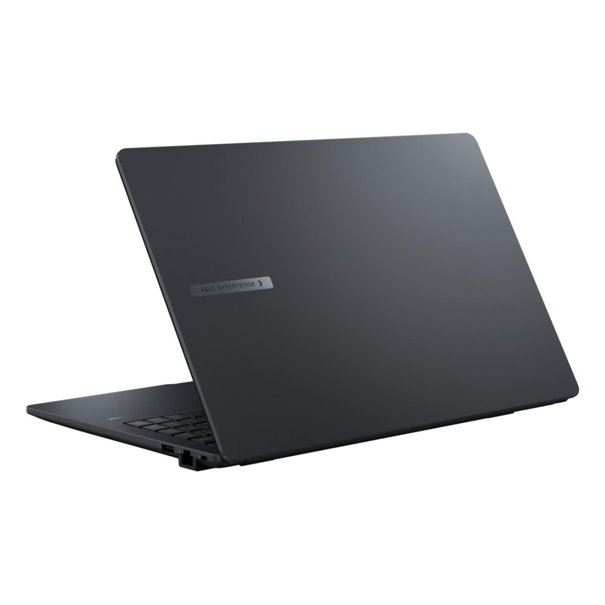 Ein geschlossener schwarzer Asus ExpertBook Laptop steht auf weißem Hintergrund, die Rückseite zeigt das Markenlogo.