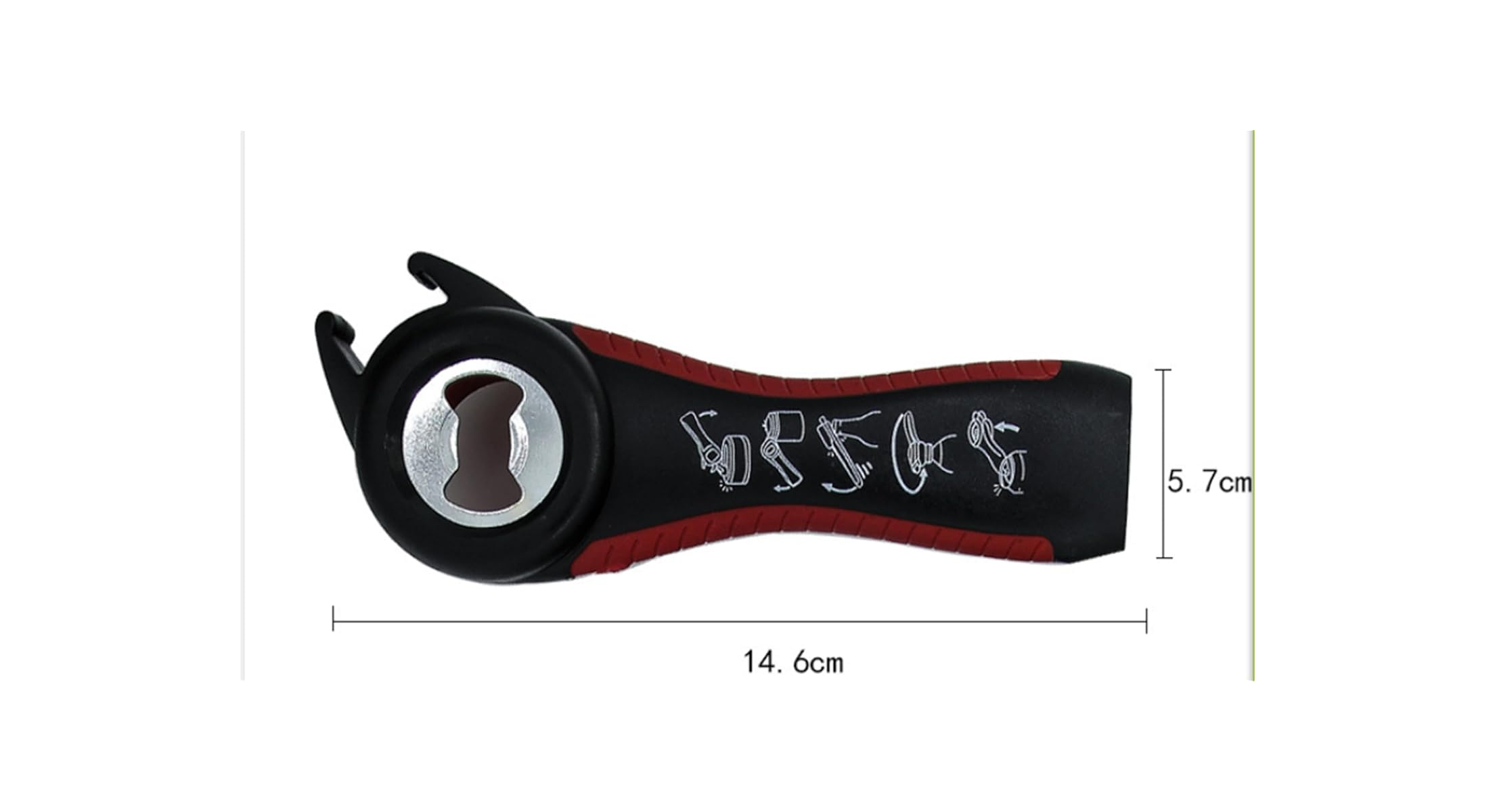 Ein schwarz-roter 5-in-1 Dosenöffner, 14,6 cm lang und 5,7 cm breit, mit Gebrauchsanweisungen.