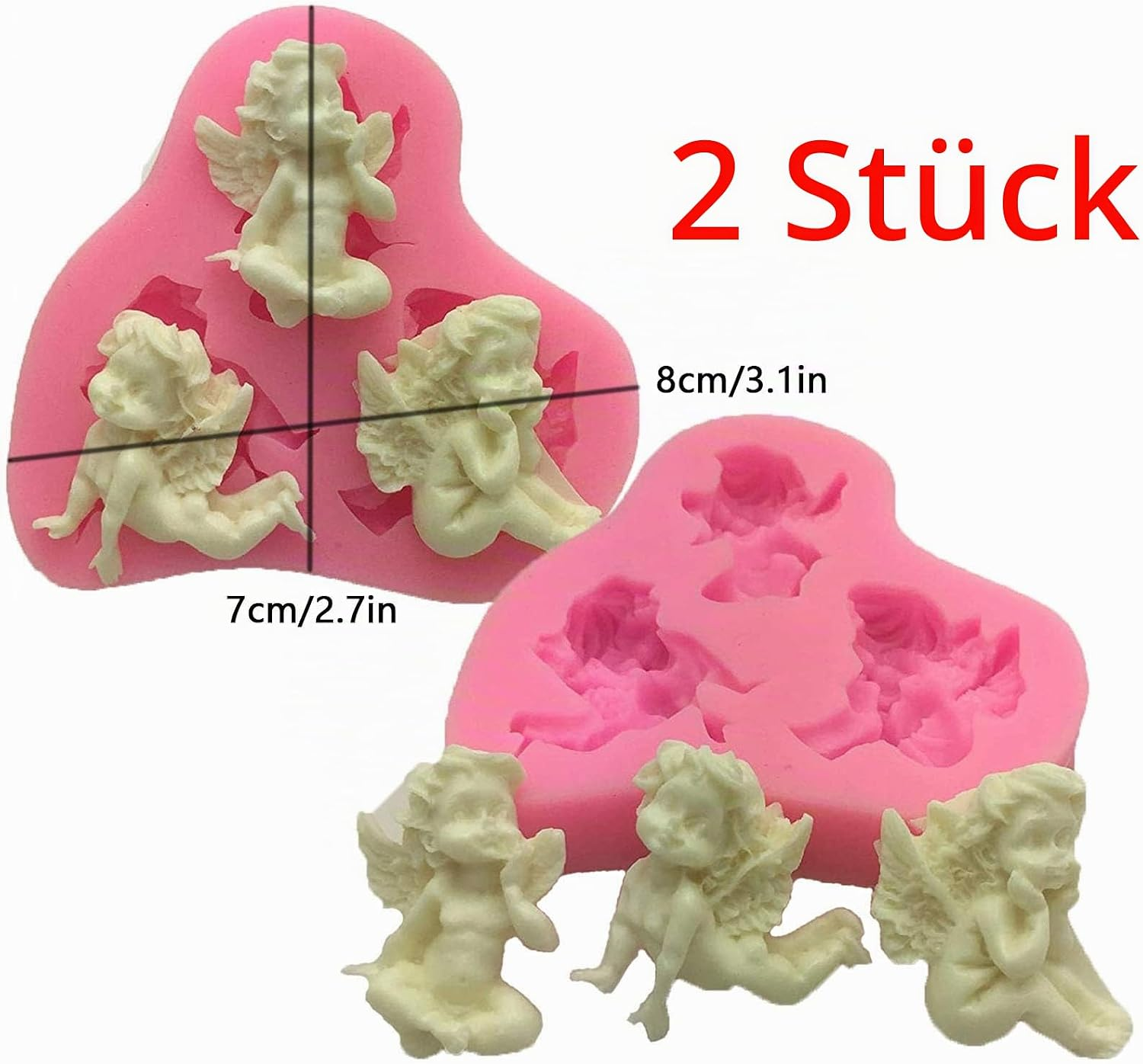 Zwei pinke Silikonbackformen mit Engelfiguren und den Maßen 8x7cm, inklusive drei fertigen Figuren.