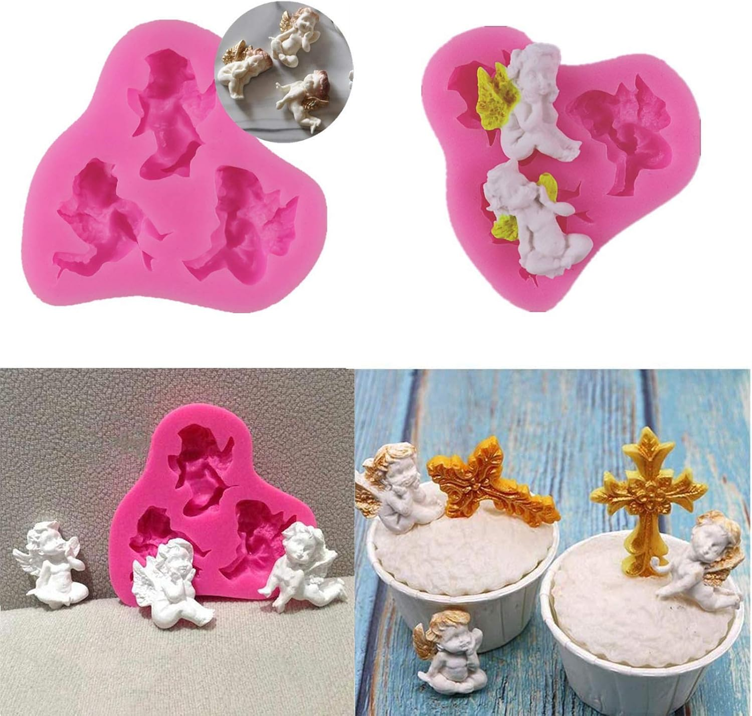 Rosa Silikonform mit Engelsfiguren und fertigen weißen Engeln mit goldenen Flügeln auf Cupcakes.