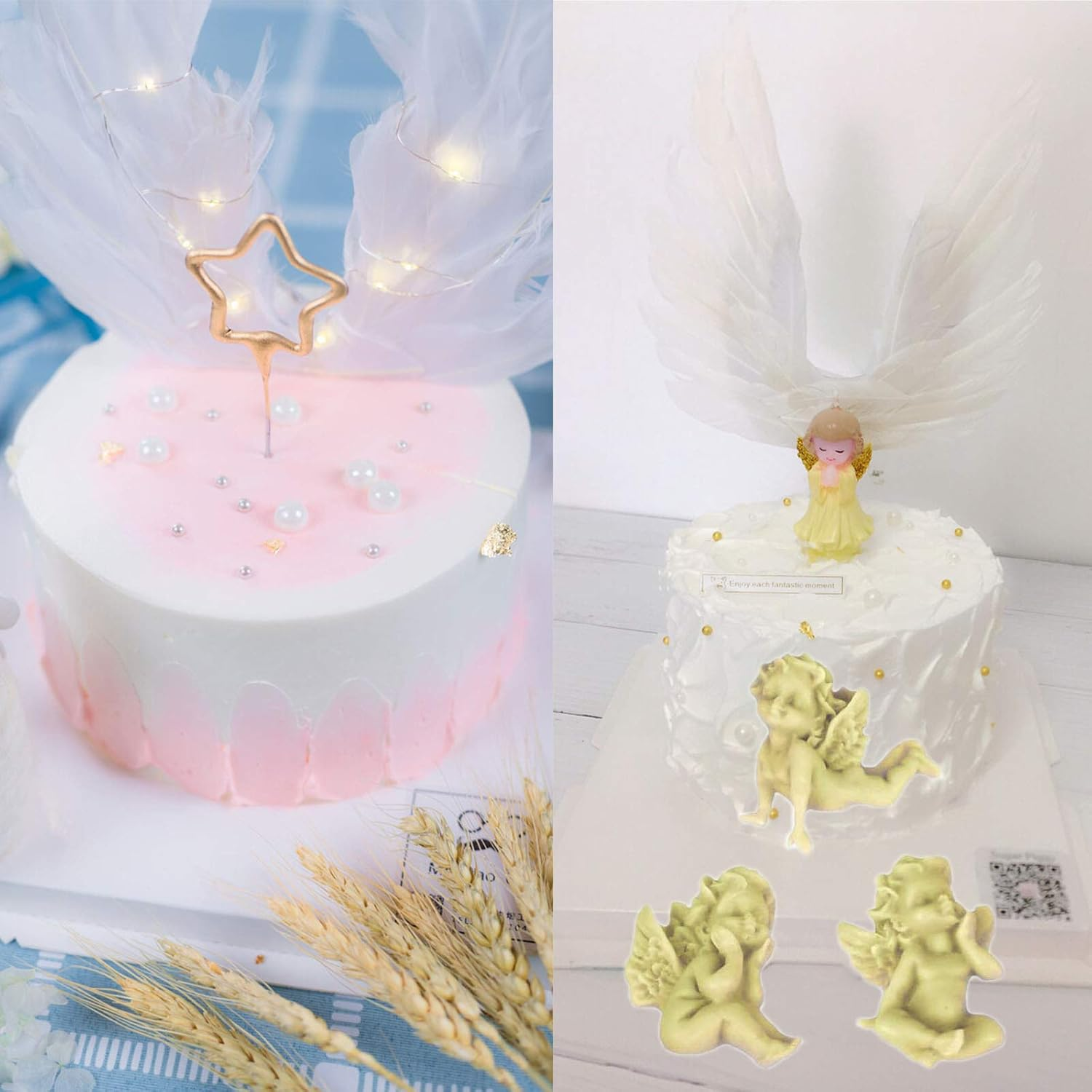 Zwei Torte: links mit weiß-rosa Fondant, Stern und Federn; rechts mit weißer Creme und Engelsfiguren.