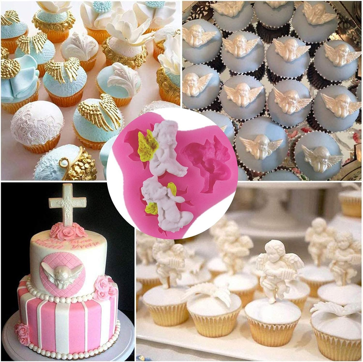 Eine Collage mit verzierten Cupcakes, einer zweistöckigen Torte und einer rosa Silikonform mit Engelsmotiven.