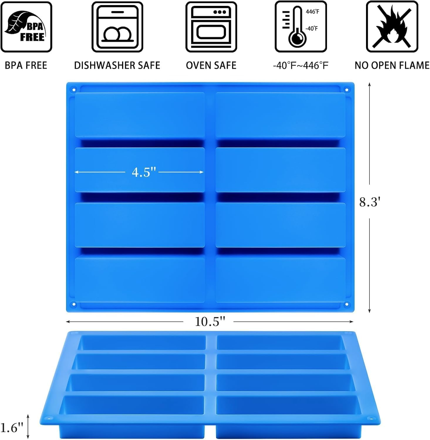 Blaue Silikon-Backform mit Maßangaben und Symbolen für BPA-frei, Spülmaschinenfestkeit, Ofenfestigkeit und Temperaturbereich.