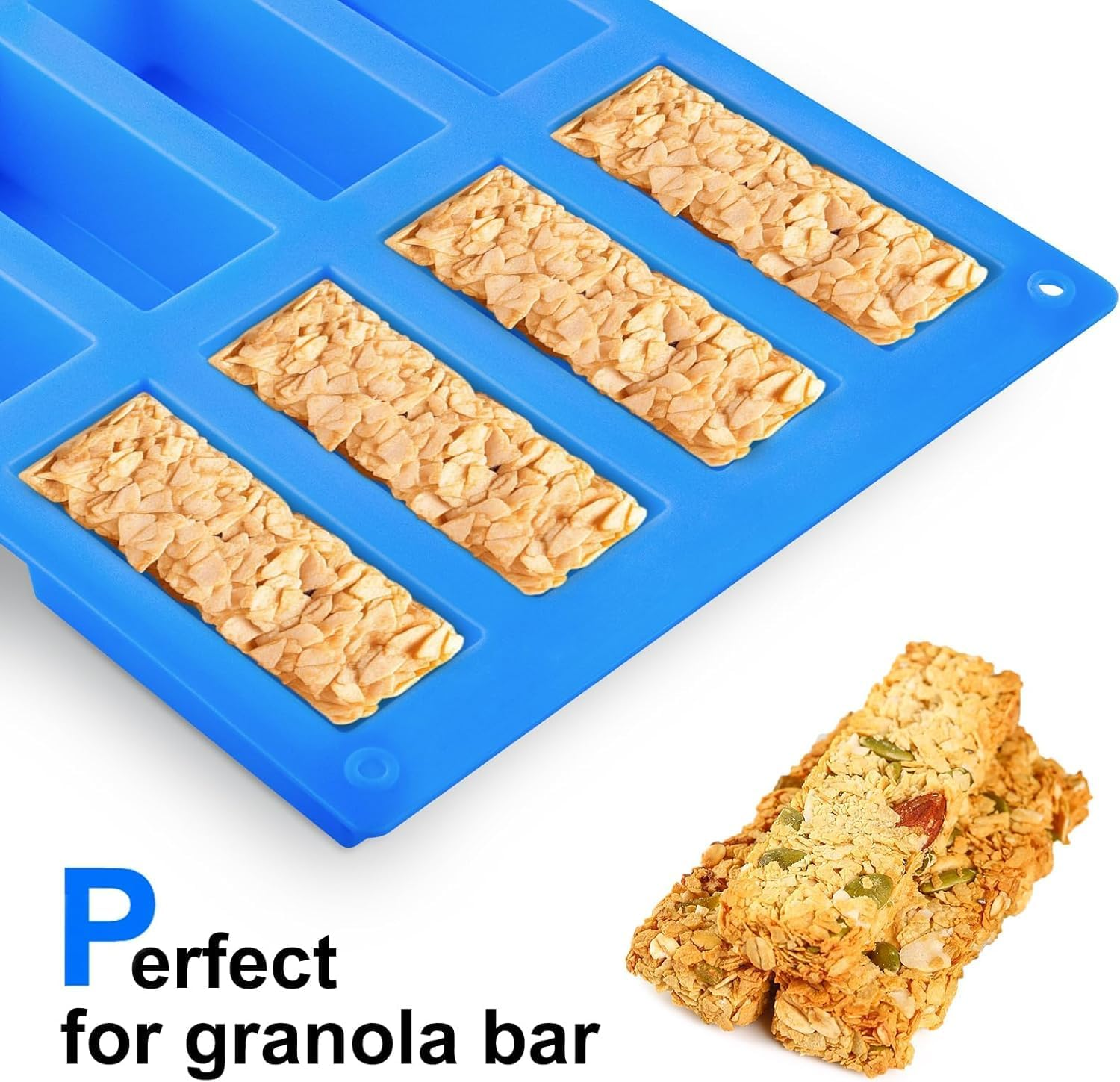 Blaue Silikon-Backform mit Nussriegeln und der Aufschrift Perfect for granola bar.