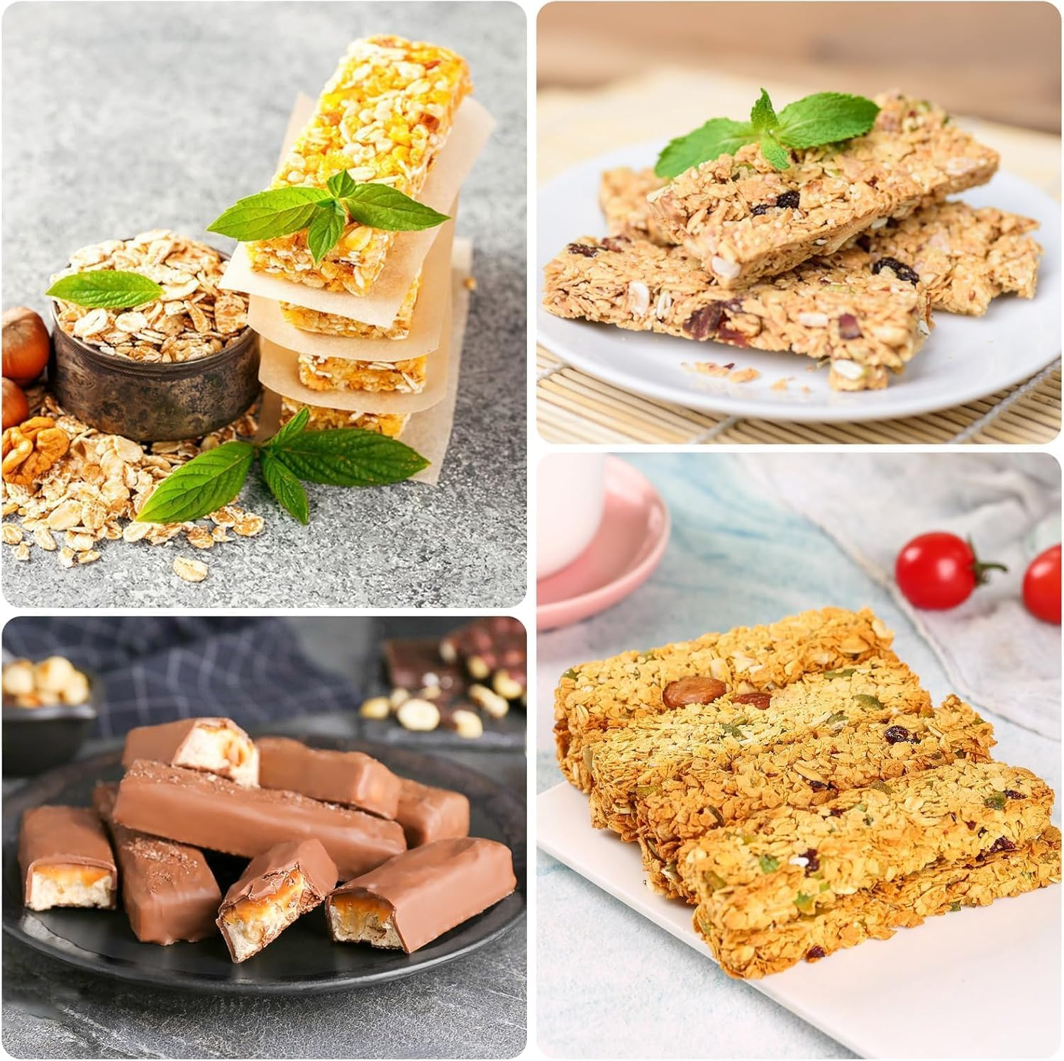 Verschiedene Müsliriegel mit Nüssen und Früchten, garniert mit Minzblättern.