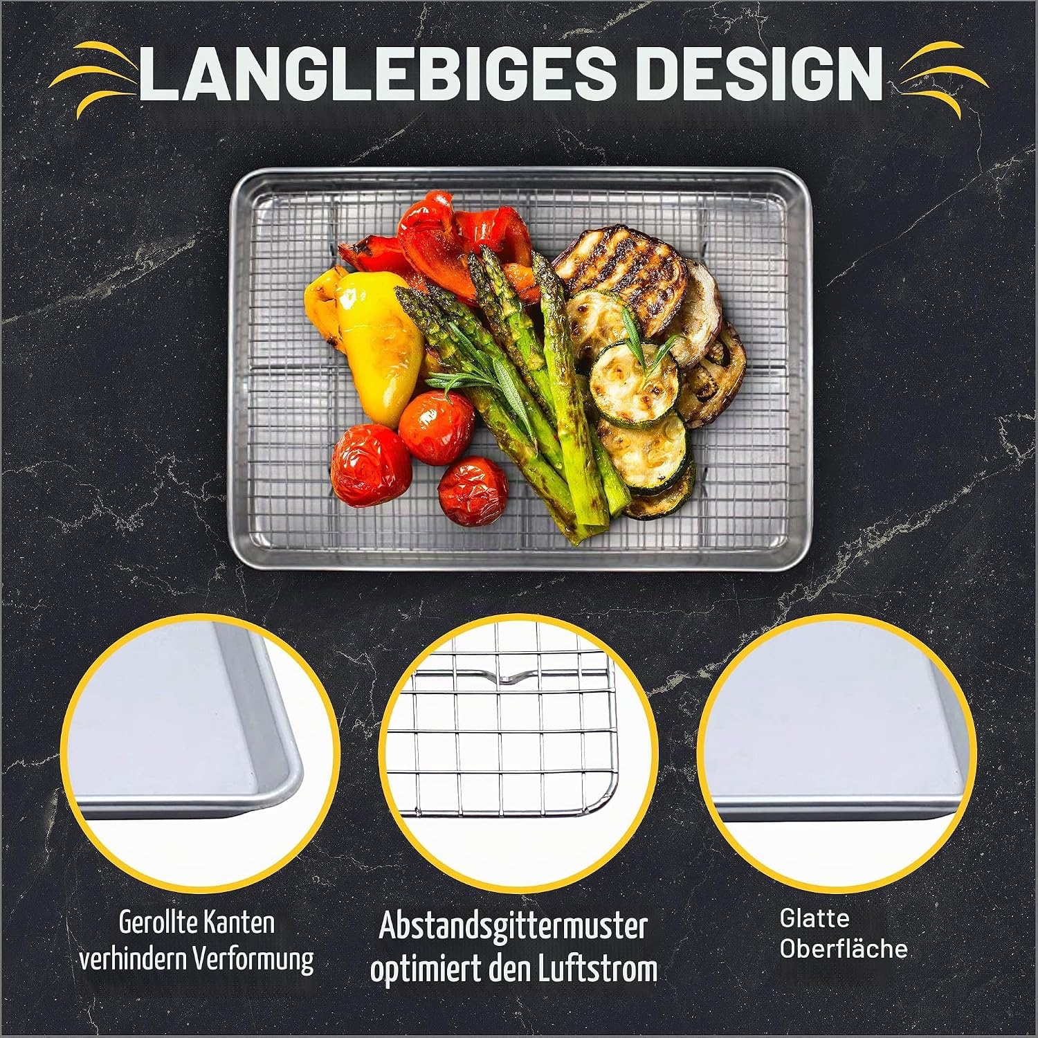 Ein Metallblech mit Grillgemüse und drei Detailaufnahmen von Kanten, Gitter und Oberfläche.