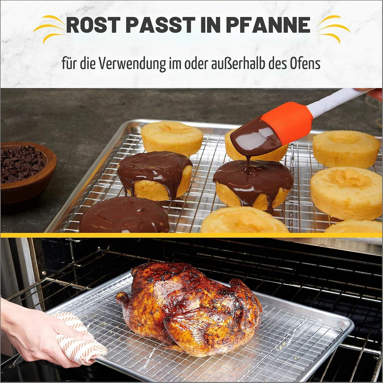 Ein Kuchengitter passt in eine Wanne, gezeigt werden Donuts mit Schokoglasur und ein Brathähnchen im Ofen.