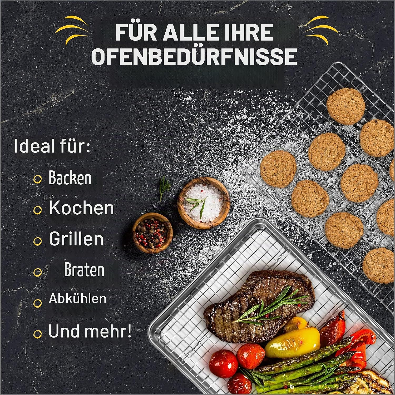 Werbebild für Ofenzubehör mit Keksen auf einem Kuchengitter und Fleisch mit Gemüse auf einem Ofenblech.