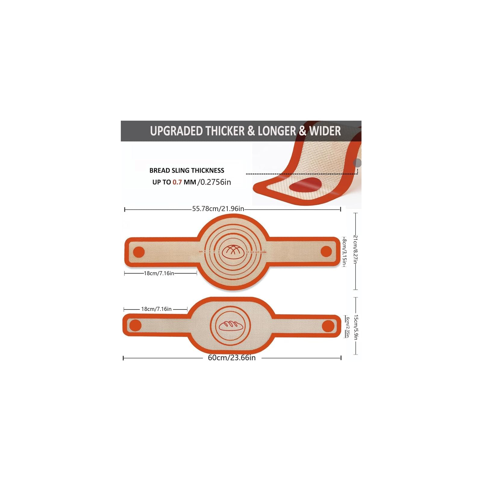 Diagramm zeigt Abmessungen und Dicke einer orangefarbenen Silikon-Brotmatte mit zwei langen Griffen.