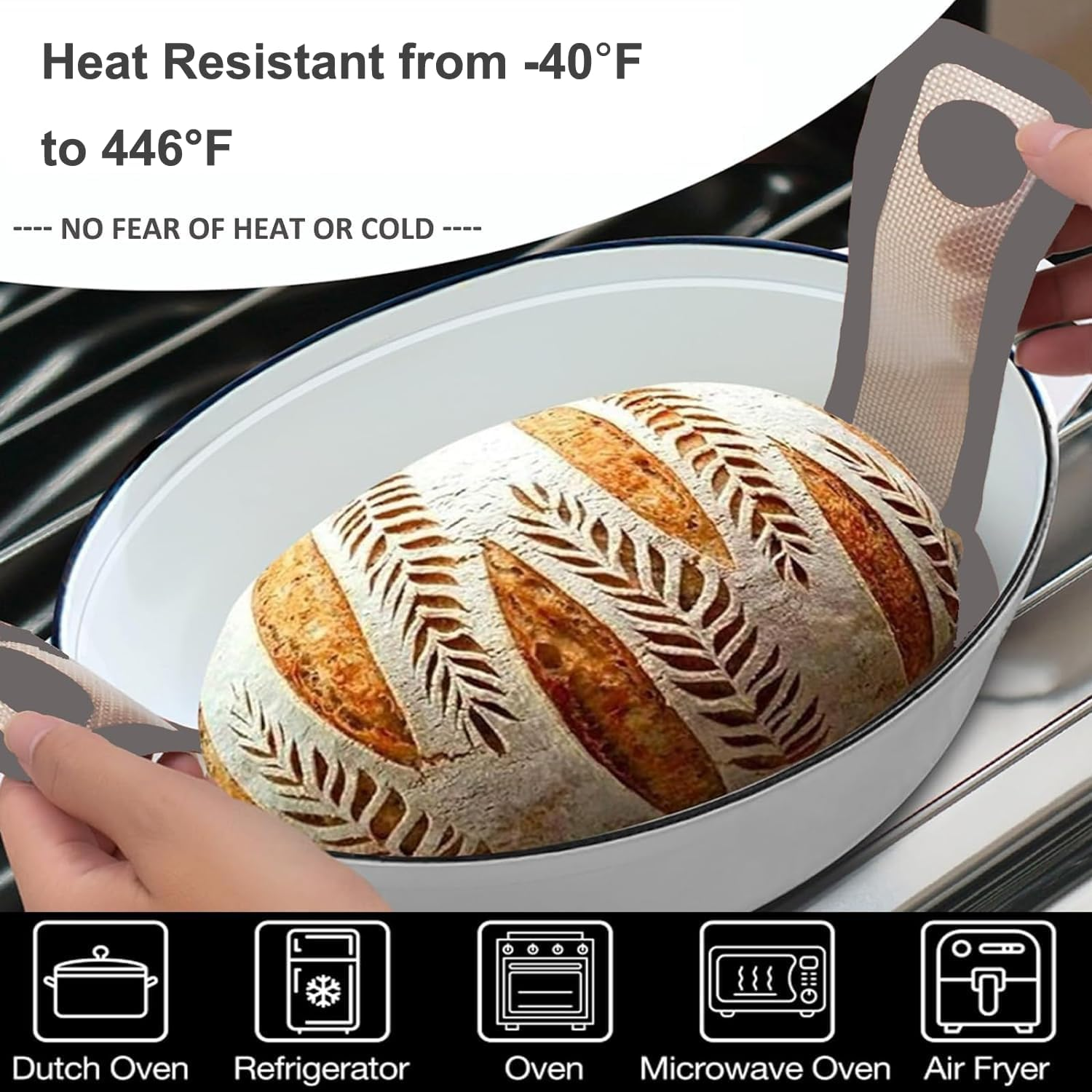 Brot in weißem Topf mit Textilgriffen, Text über Hitzebeständigkeit und App-Icons.