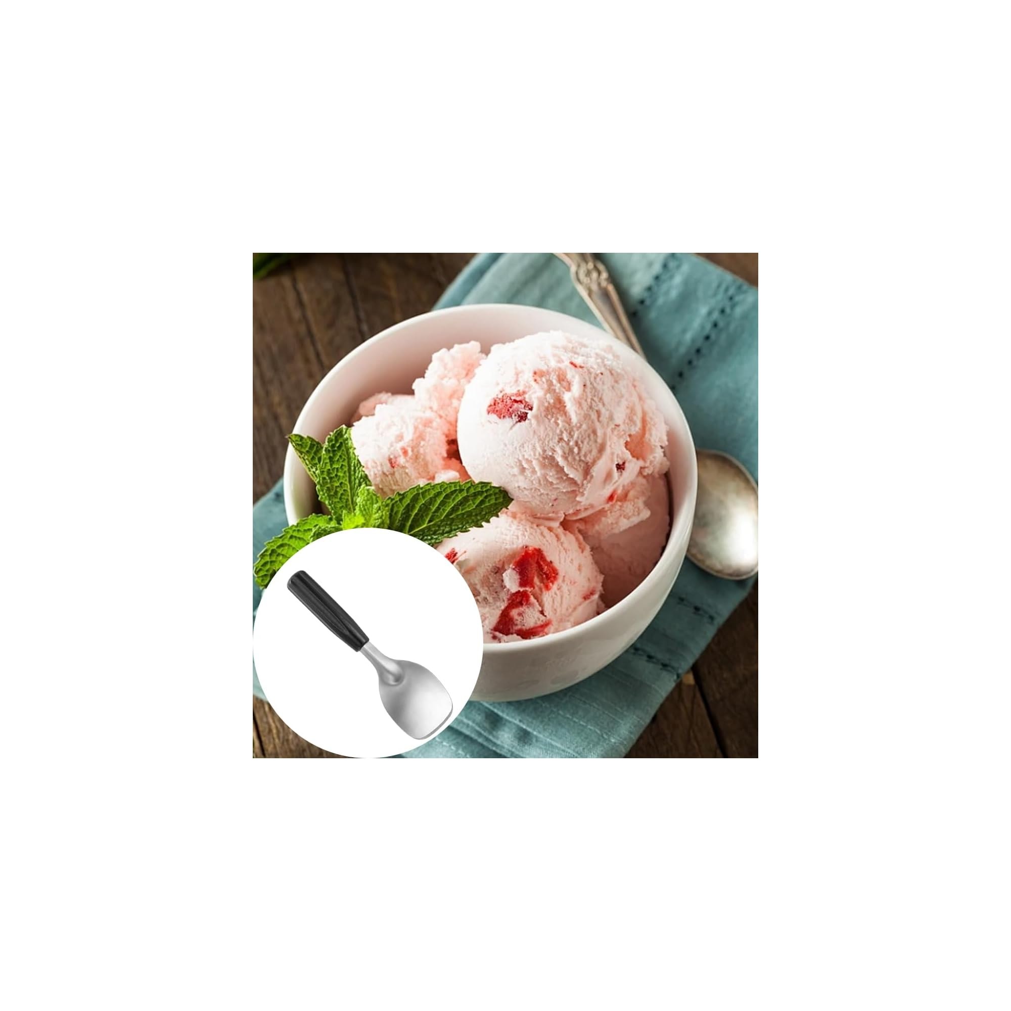 Erdbeereis in einer Schale mit Minze und einem separaten Bild eines Eislöffels.