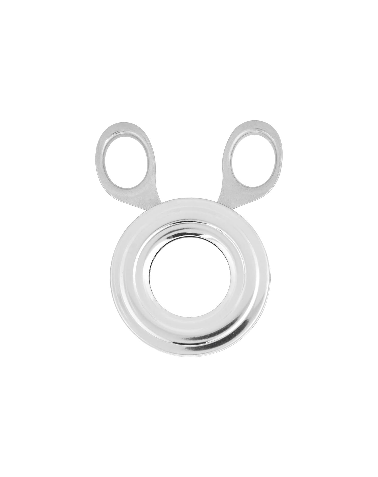 Ein silberner Eieröffner aus Edelstahl mit zwei runden Griffen und einem zentralen Ring auf weißem Hintergrund.