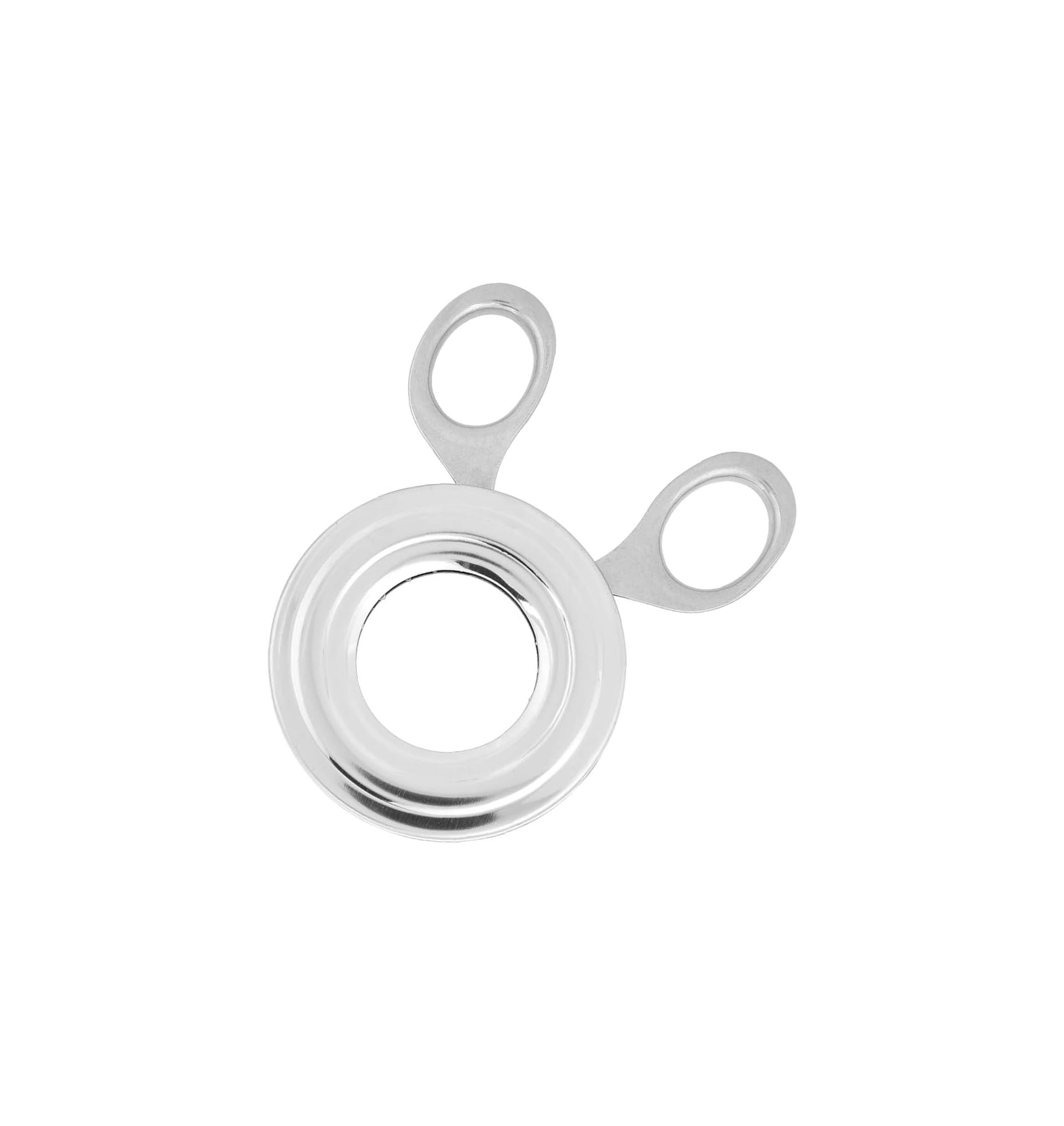 Ein silberner Eiertrenner aus Metall mit zwei kleinen Griffringen und einem großen Ring in der Mitte.