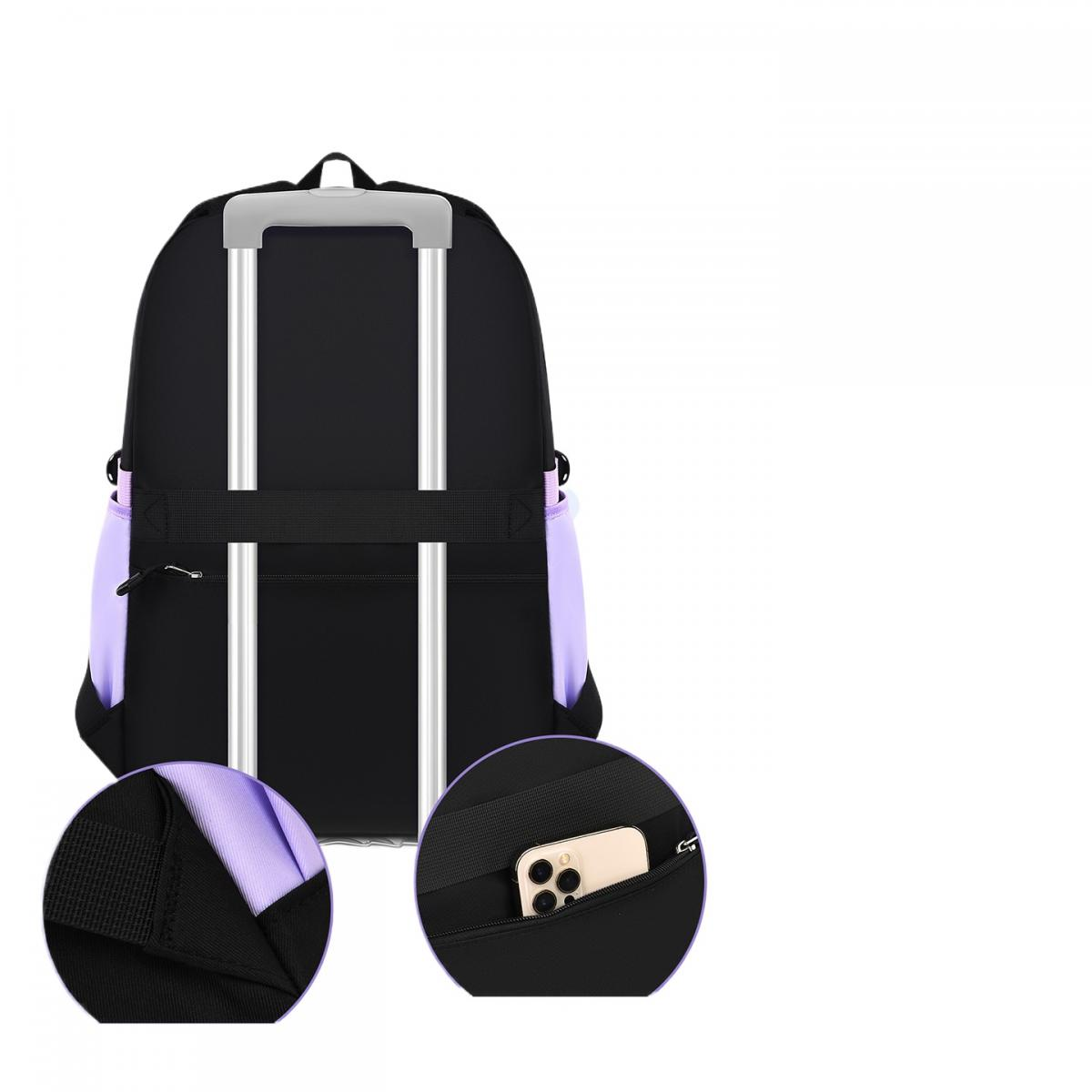 Schwarzer Rucksack mit ausziehbarem Griff und zwei Detailkreisen, die Nähte und ein Handy in der Tasche zeigen.