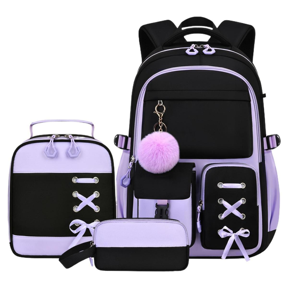 Ein schwarzer Rucksack, eine Lunchbox und eine Federtasche mit hellila Akzenten und Pompon-Anhänger.