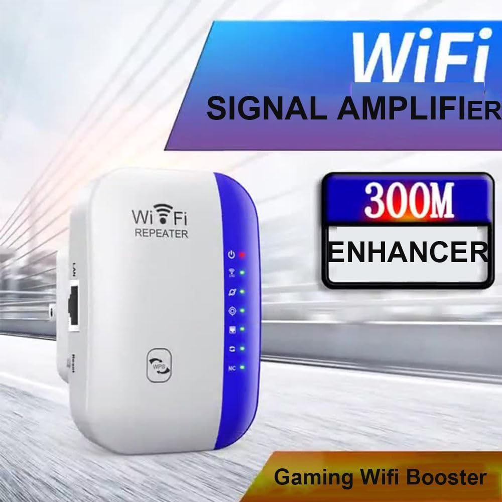 Ein weißer WLAN-Repeater mit blauem Rand und Leuchtanzeigen vor einem unscharfen Straßenhintergrund.