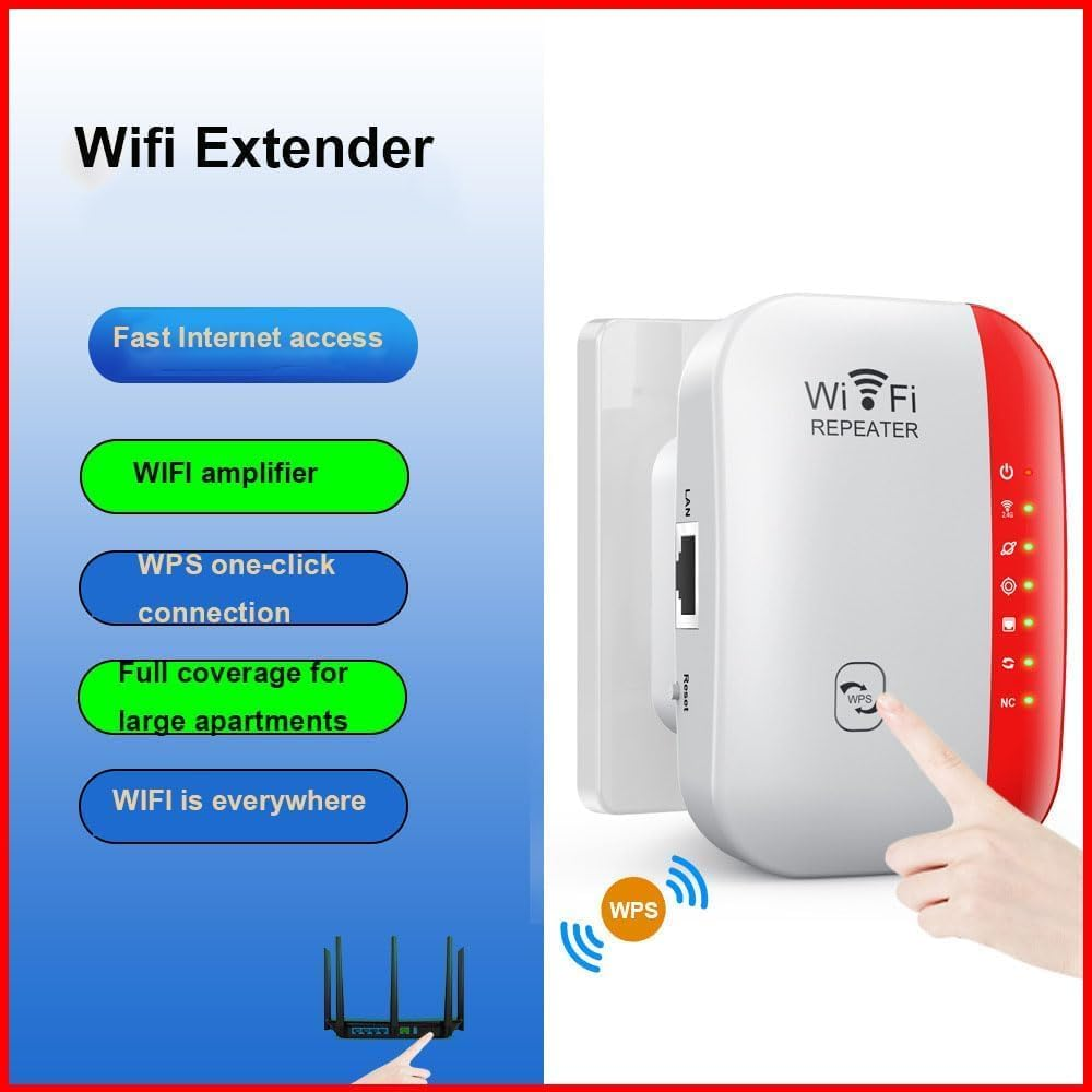 Ein weiß-roter WLAN-Repeater mit Leuchtanzeigen und WPS-Taste auf einer weißen Wand, links blaue und grüne Textfelder.