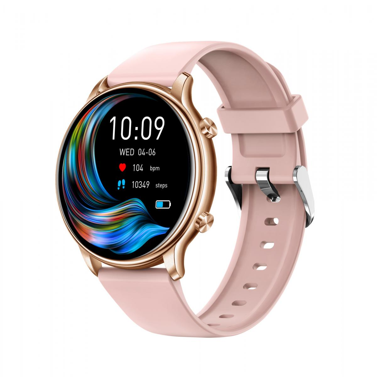 Eine roségoldene Smartwatch mit pinkem Armband und Digitalanzeige für Zeit, Puls und Schritte.