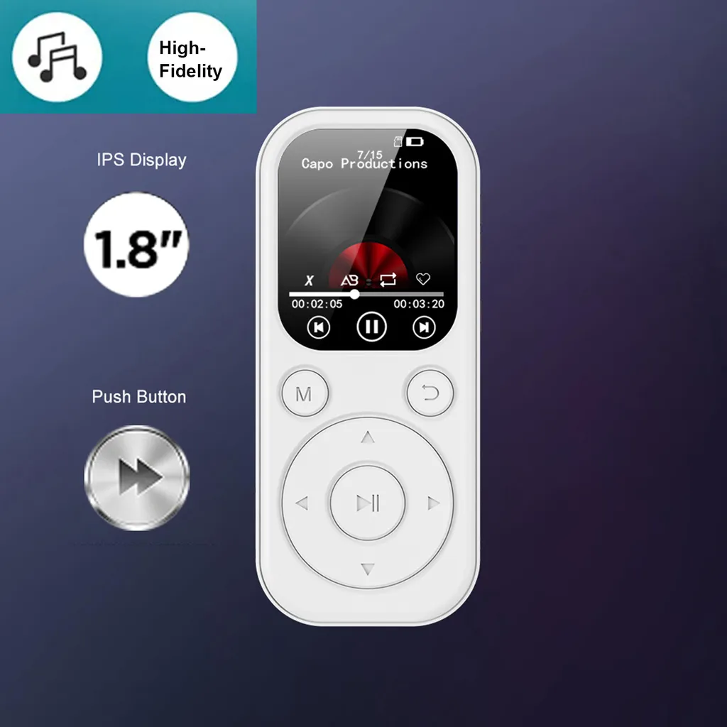 Ein weißer MP3-Player mit 1,8-Zoll-Bildschirm und mechanischen Tasten vor einem dunkelblauen Hintergrund mit Produkttexten.