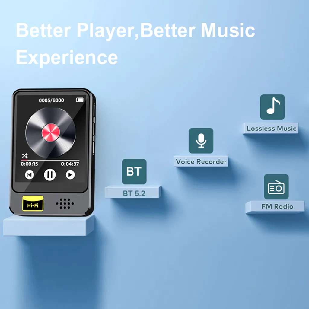Tragbarer Musikplayer mit Vinyl-Anzeige und blauen Symbolen für Bluetooth, Aufnahme, Musik und Radio.