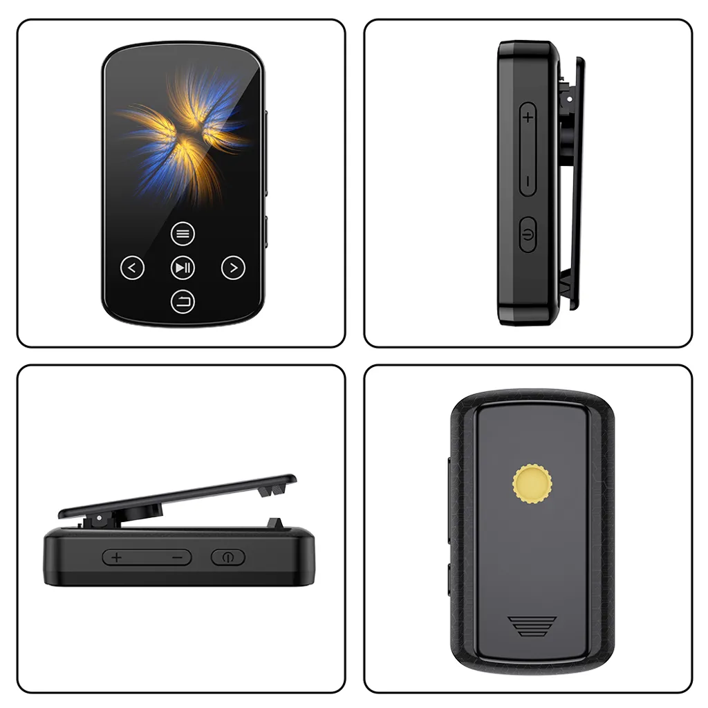 Vier Ansichten eines schwarzen Clips mit Display, Tasten und Befestigungsclip.