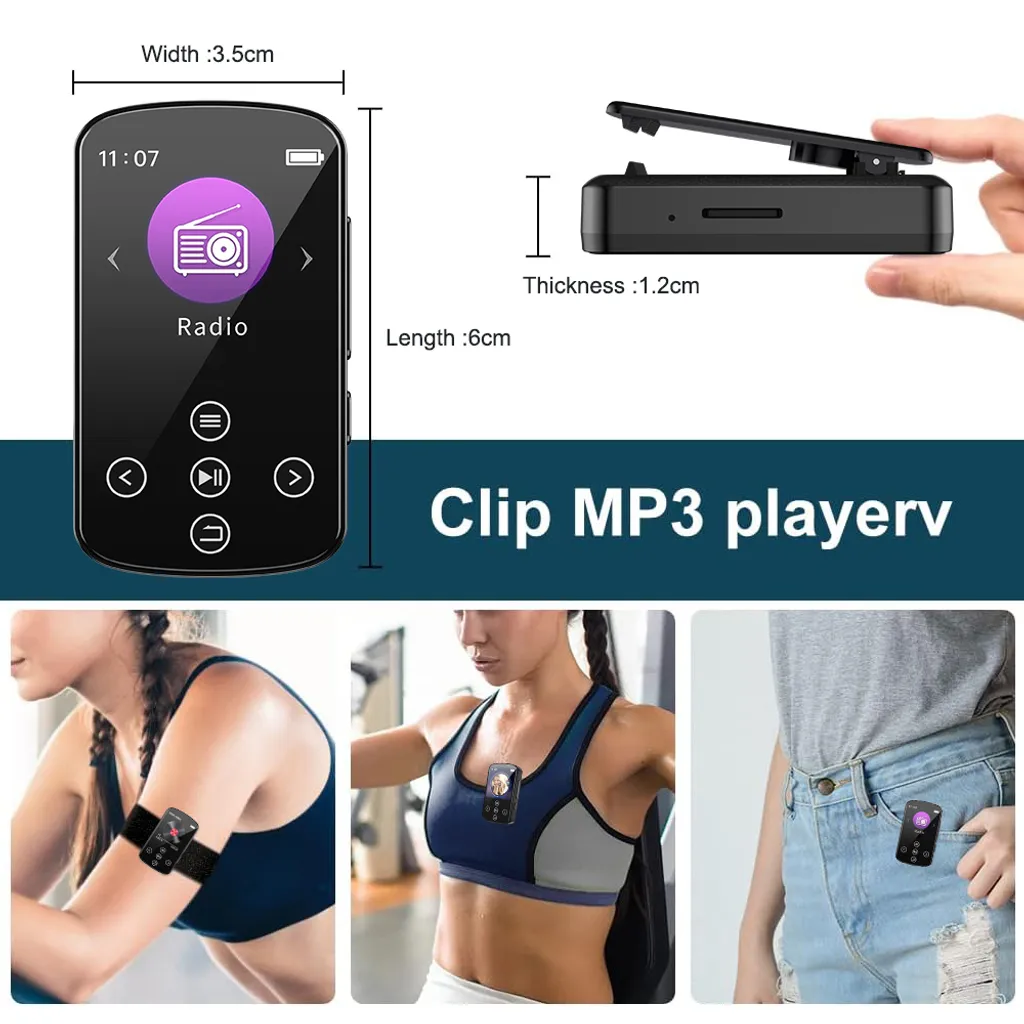 Produktübersicht eines kleinen Clip-MP3-Players mit Abmessungen und Anwendungsbeispielen beim Sport.
