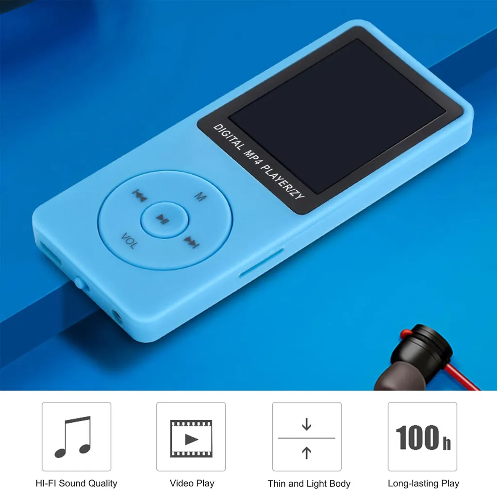 Ein hellblauer digitaler MP4-Player mit Bildschirm und Steuerungstasten auf blauem Grund, begleitet von Symbolen.