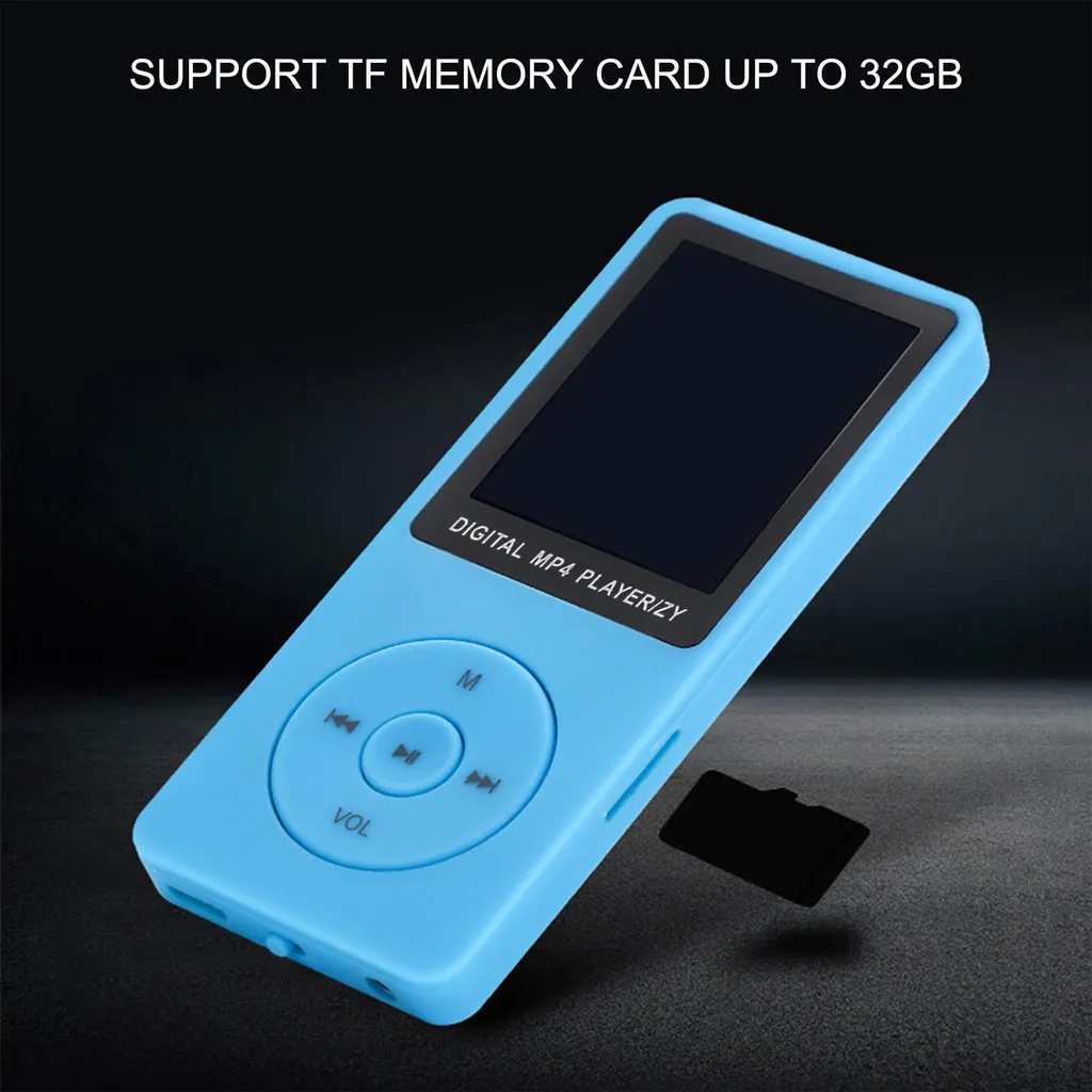 Ein blauer MP4-Player auf dunklem Hintergrund mit einer TF-Speicherkarte.