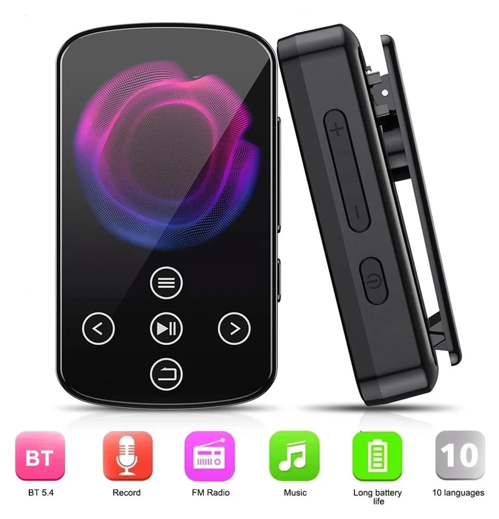 Schwarzer MP3-Player mit Display, Touch-Tasten, Clip und Funktions-Icons unten.
