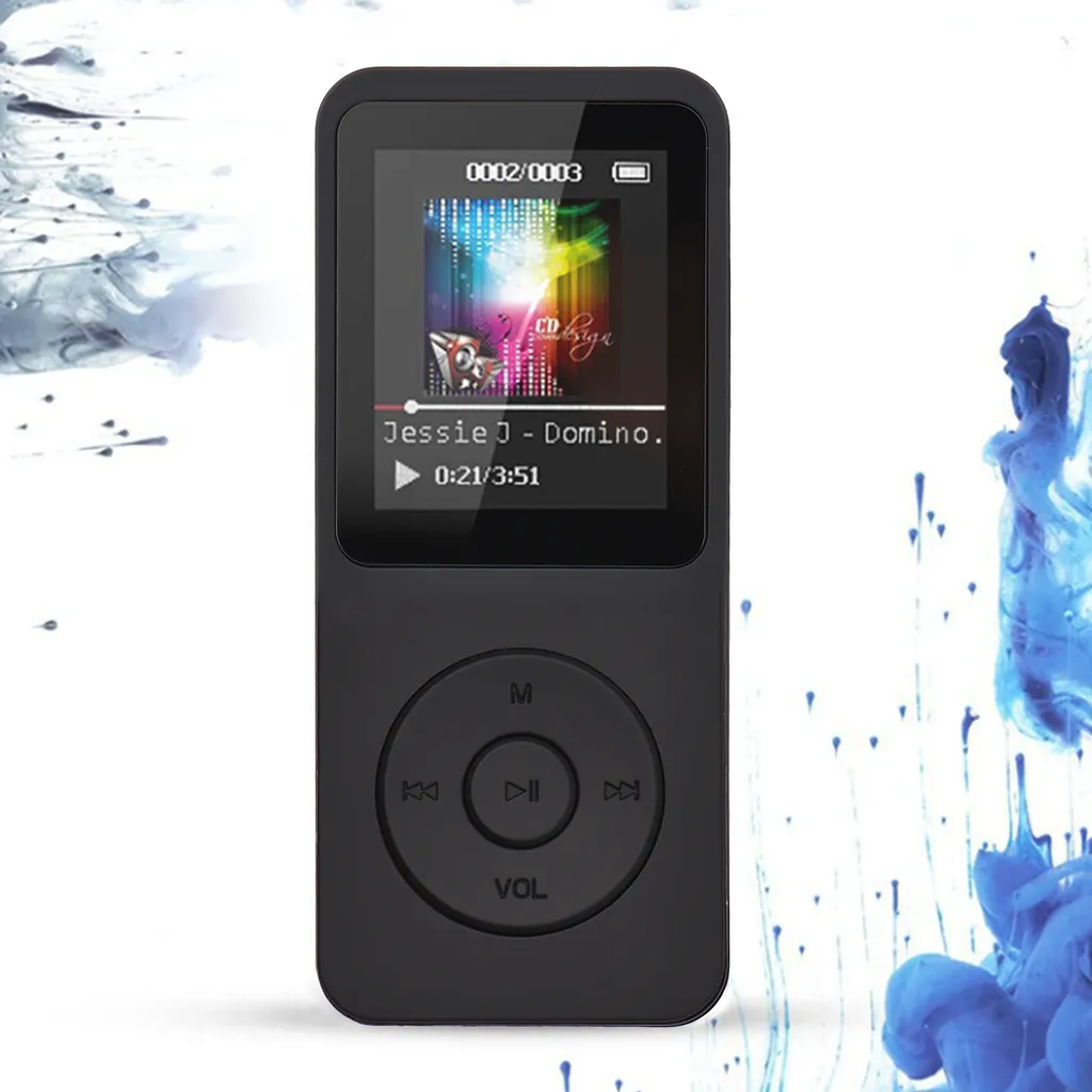 Ein schwarzer MP3-Player mit Farbdisplay und kreisförmigen Tasten, umgeben von blauen und weißen Farbspritzern.