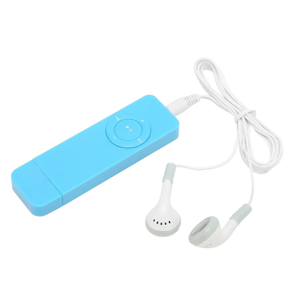 Ein blauer MP3-Player mit angeschlossenen weißen Kopfhörern auf weißem Hintergrund.