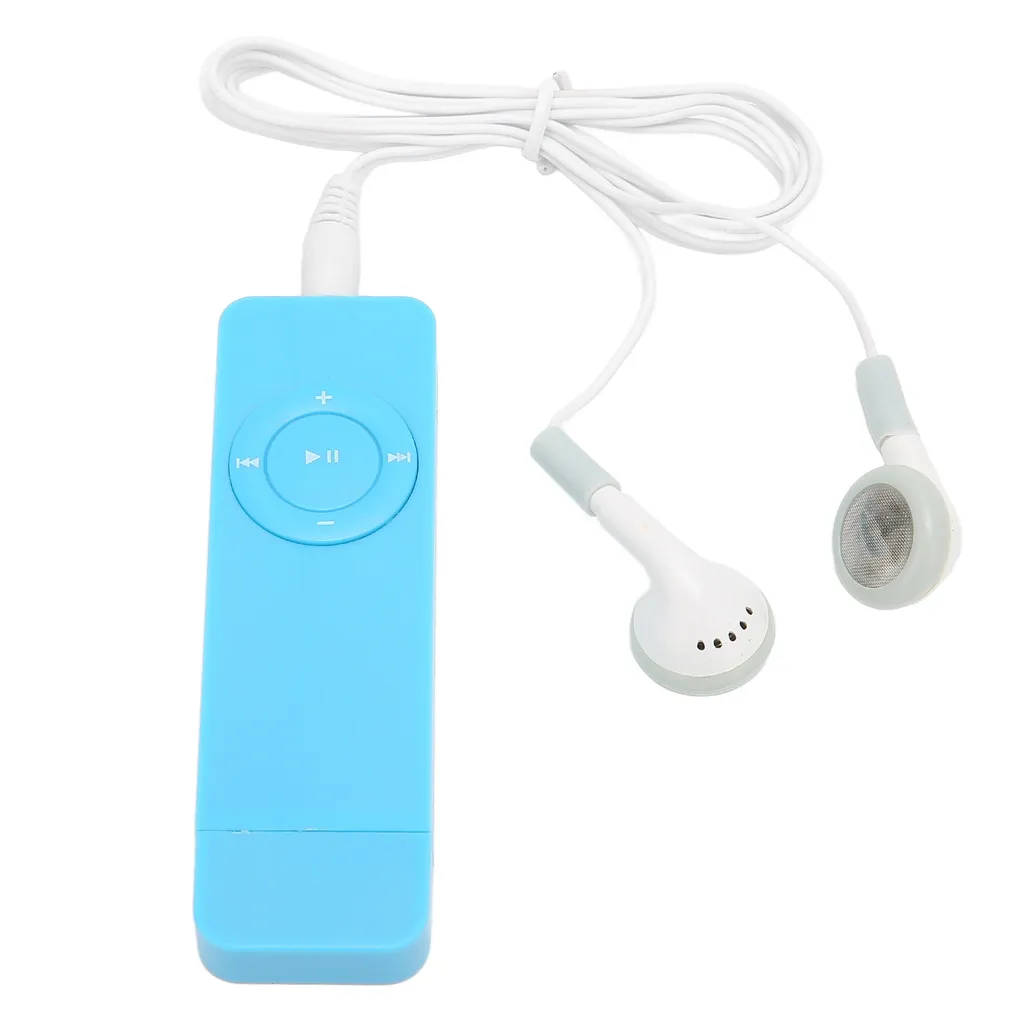 Ein blauer MP3-Player mit angeschlossenen weißen Kopfhörern auf einem weißen Hintergrund.