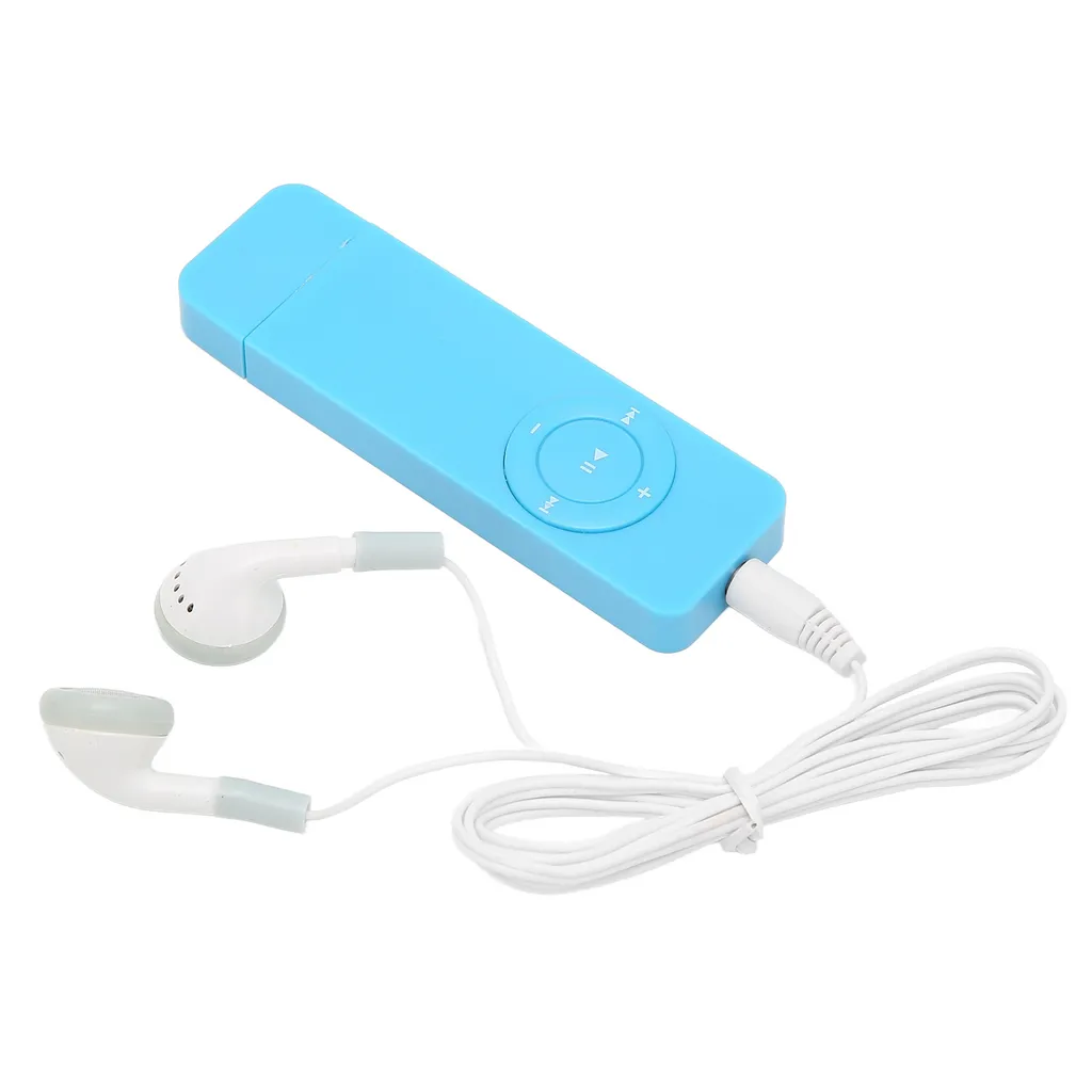 Ein blauer MP3-Player mit runder Steuerung und angeschlossenen weißen Kopfhörern.