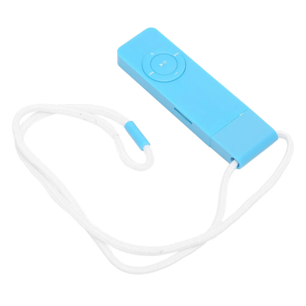 Ein blauer MP3-Player mit runden Steuertasten und einer weißen Umhängekordel liegt auf weißem Hintergrund.