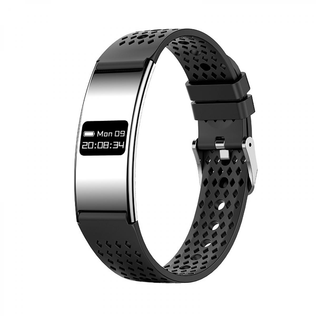 Ein schwarzer Fitnesstracker mit perforiertem Silikonarmband und silbernem Displayrahmen.