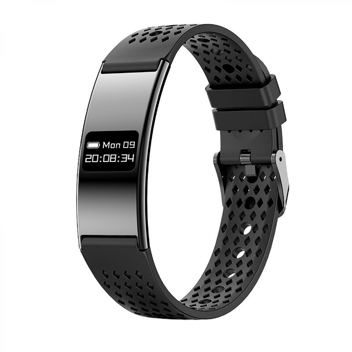 Ein schwarzer Fitness-Tracker mit perforiertem Armband und digitaler Zeitanzeige auf weißem Hintergrund.