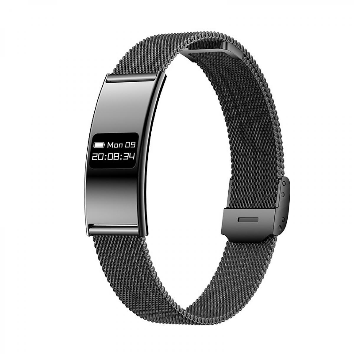 Ein schwarzes Fitnessarmband mit Metallarmband und digitalem Display gegen weissen Hintergrund.